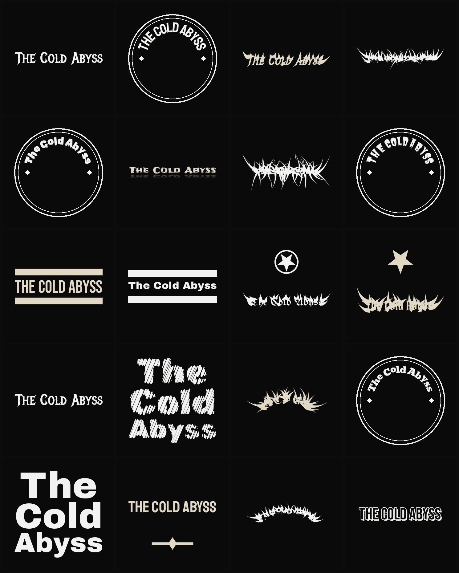 Twenty The Cold Abyss band logo ideas — different faces, treatments and spike settings