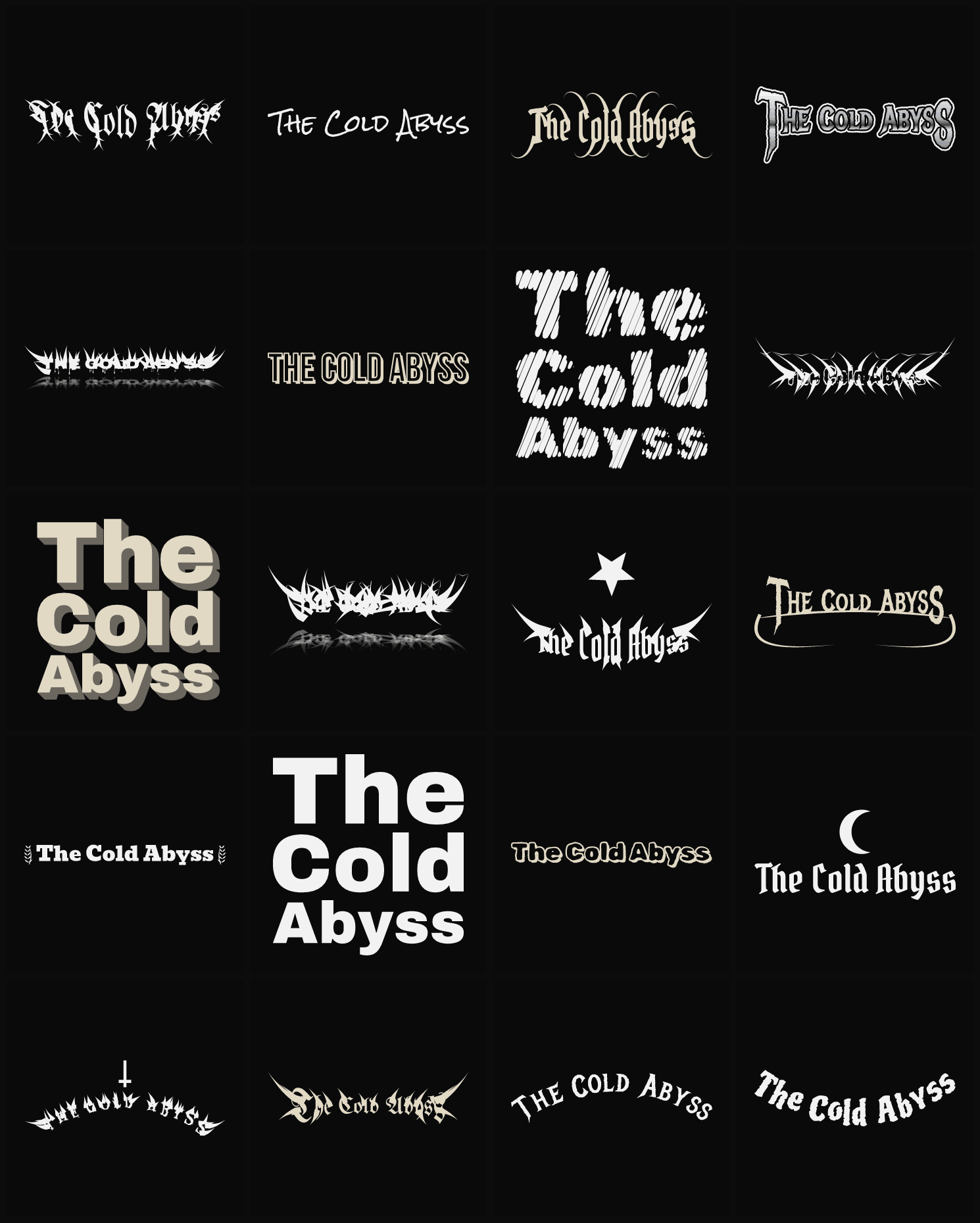 Twenty The Cold Abyss band logo ideas — different faces, treatments and spike settings