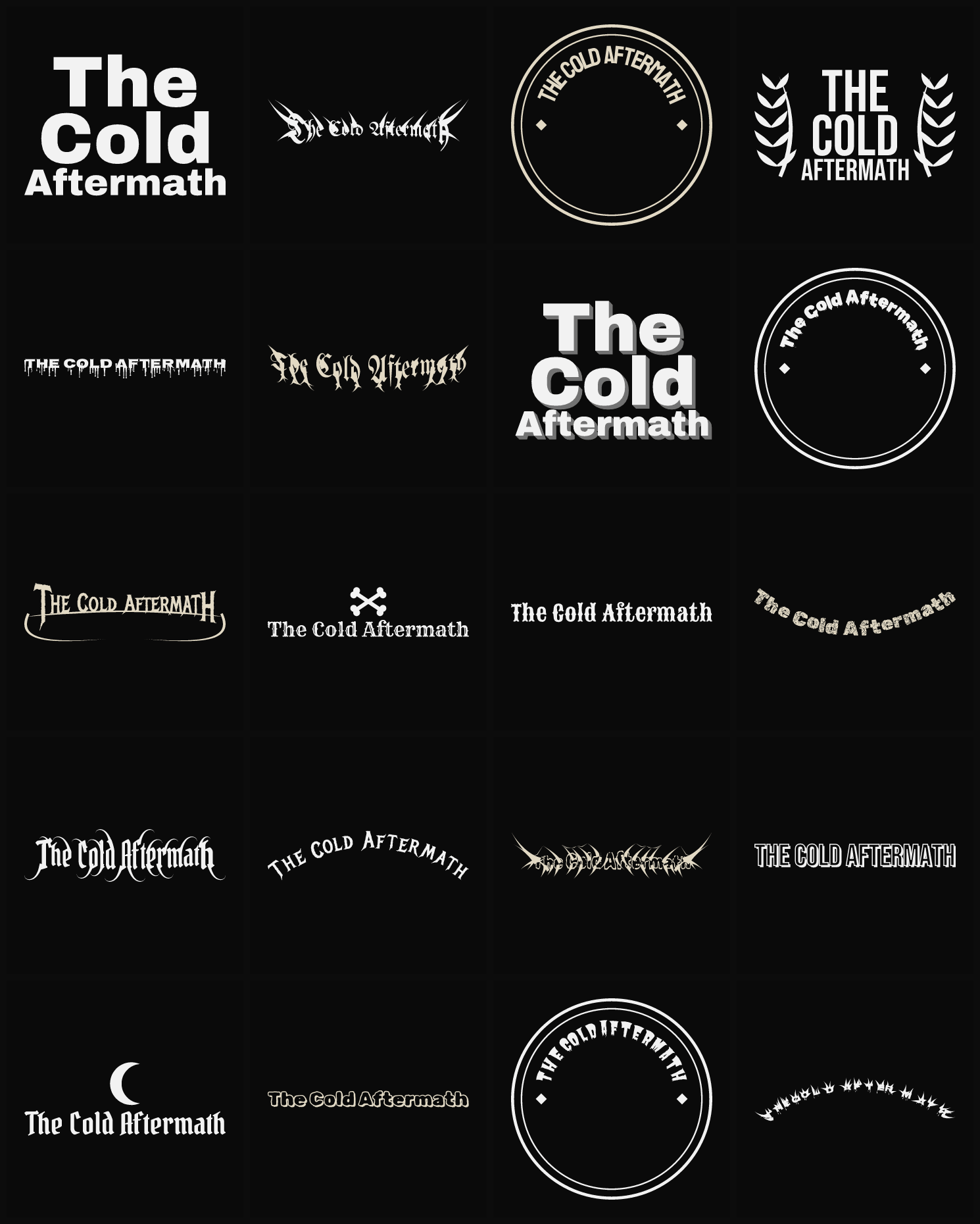 Twenty The Cold Aftermath band logo ideas — different faces, treatments and spike settings