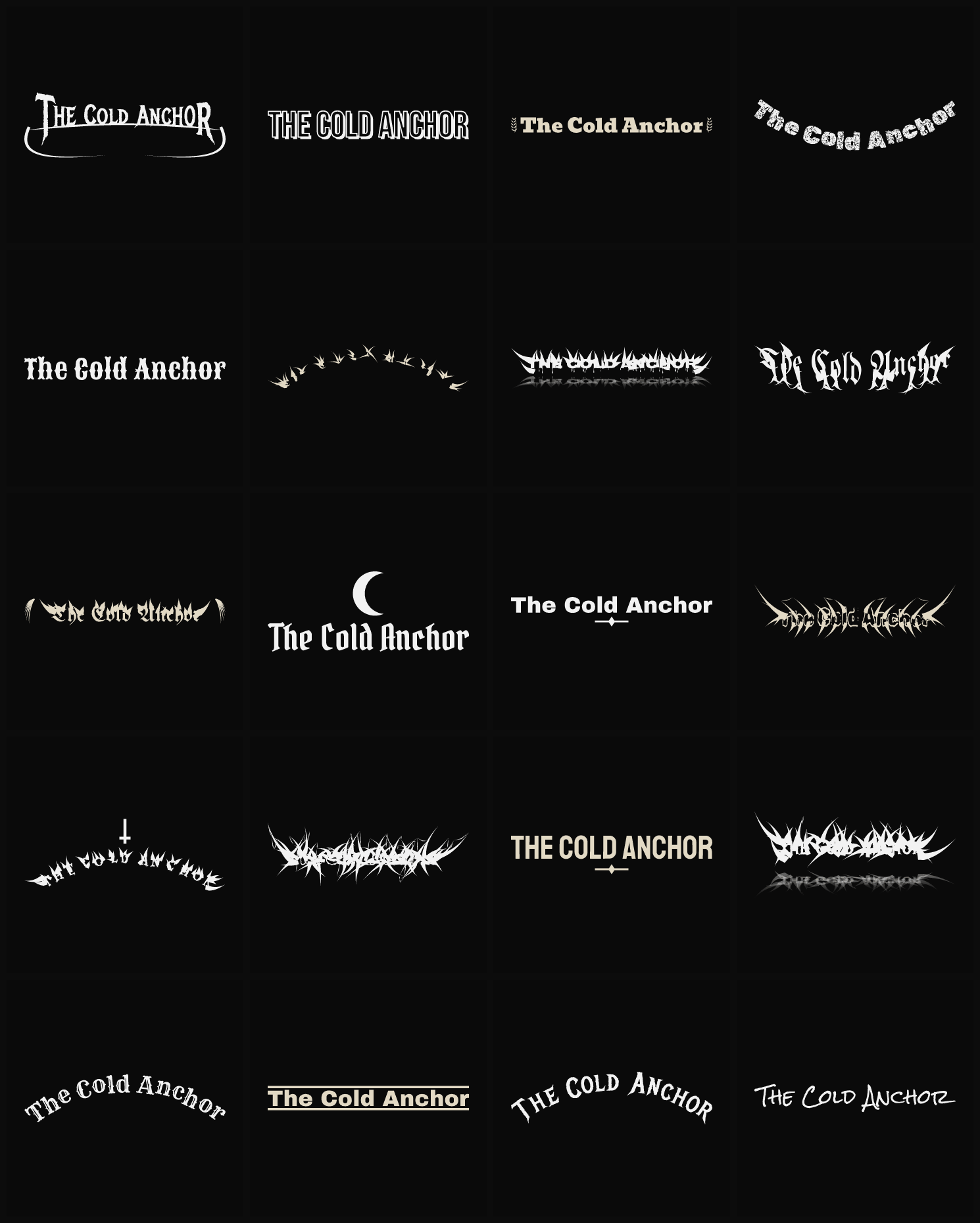 Twenty The Cold Anchor band logo ideas — different faces, treatments and spike settings
