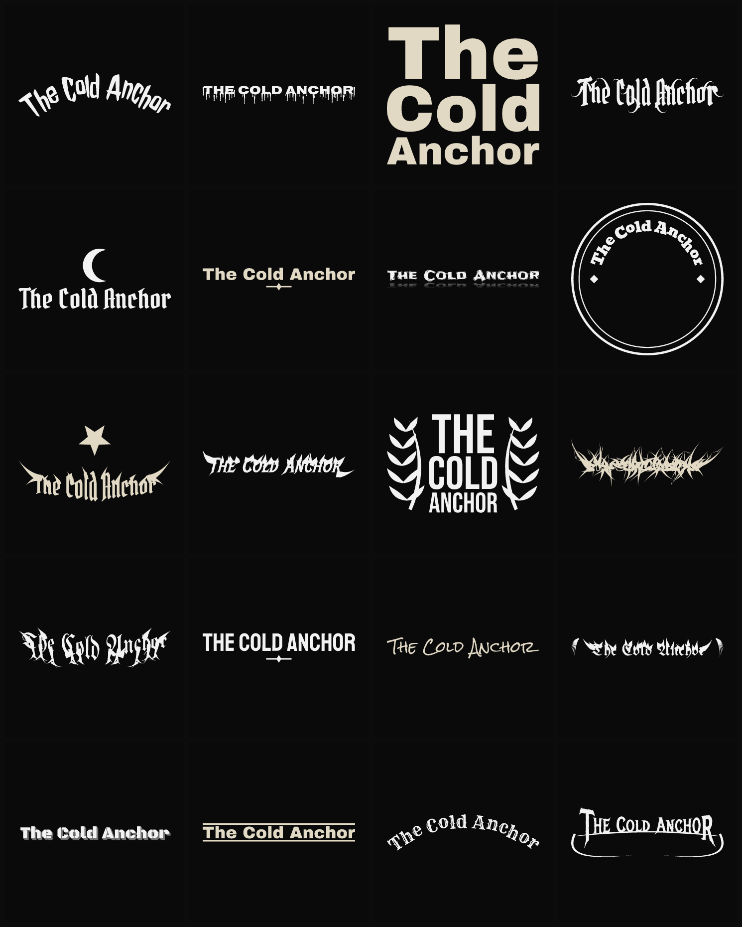 Twenty The Cold Anchor band logo ideas — different faces, treatments and spike settings