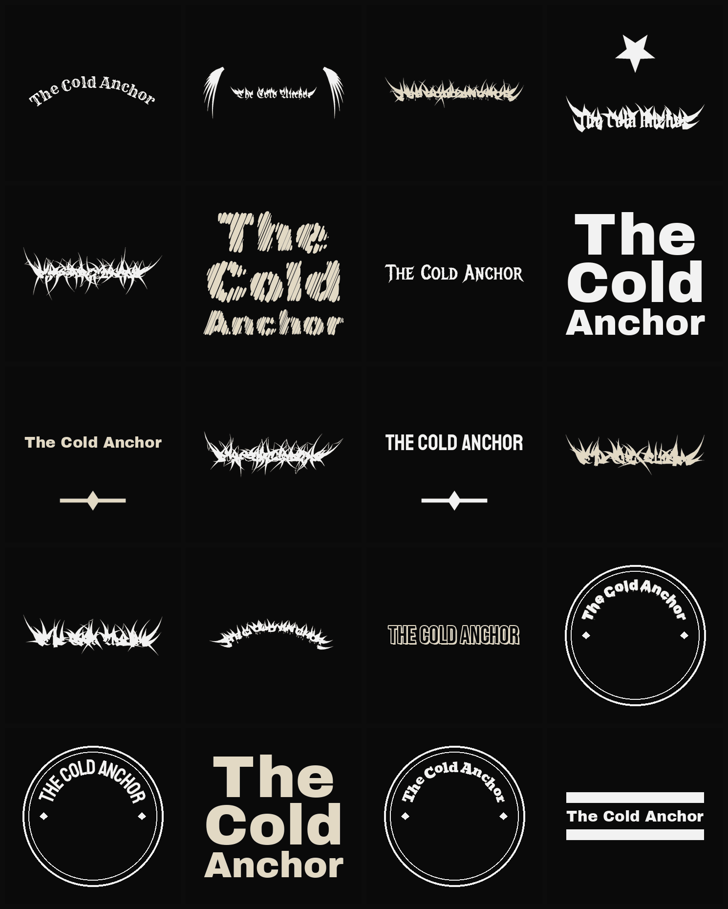 Twenty The Cold Anchor band logo ideas — different faces, treatments and spike settings