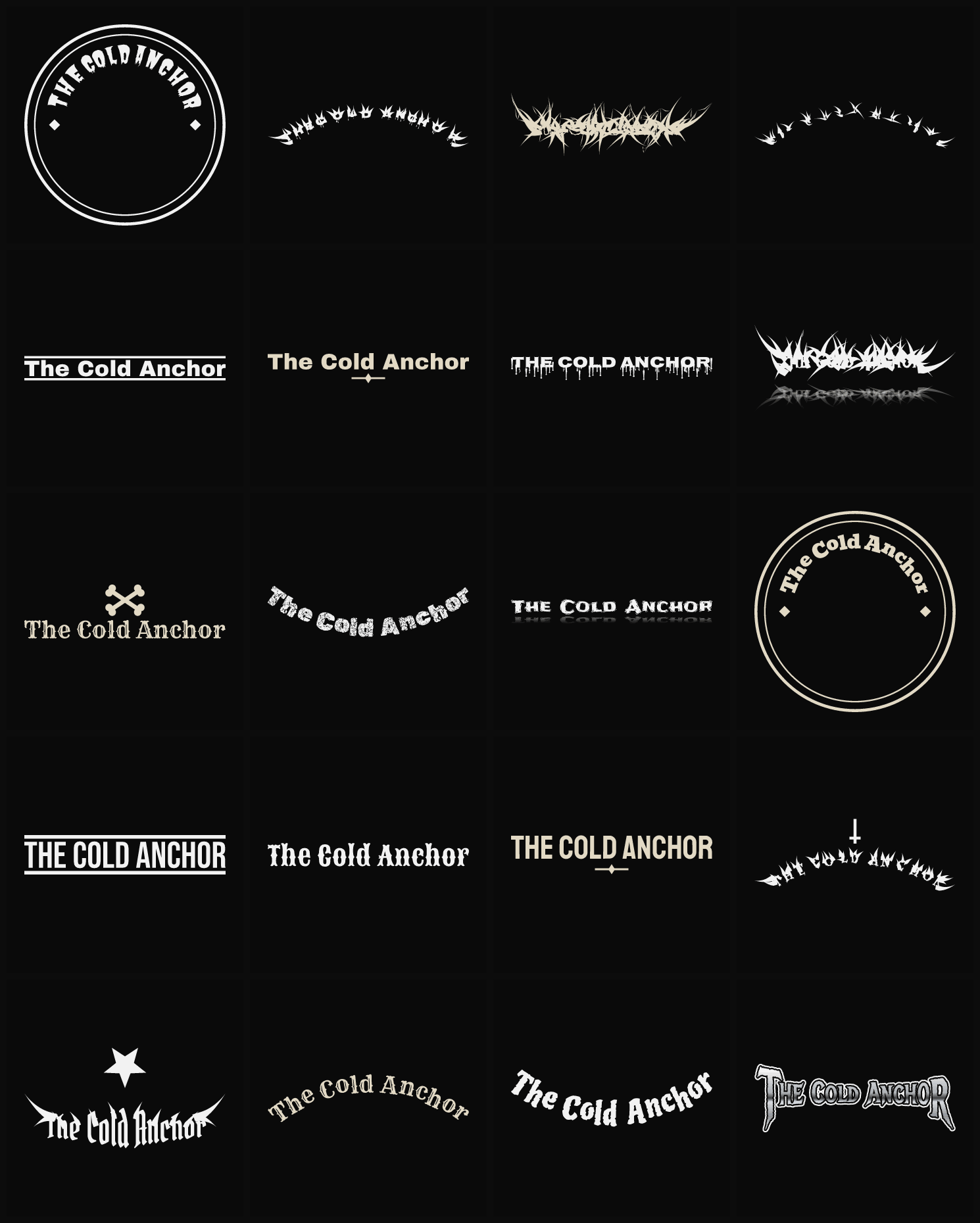 Twenty The Cold Anchor band logo ideas — different faces, treatments and spike settings
