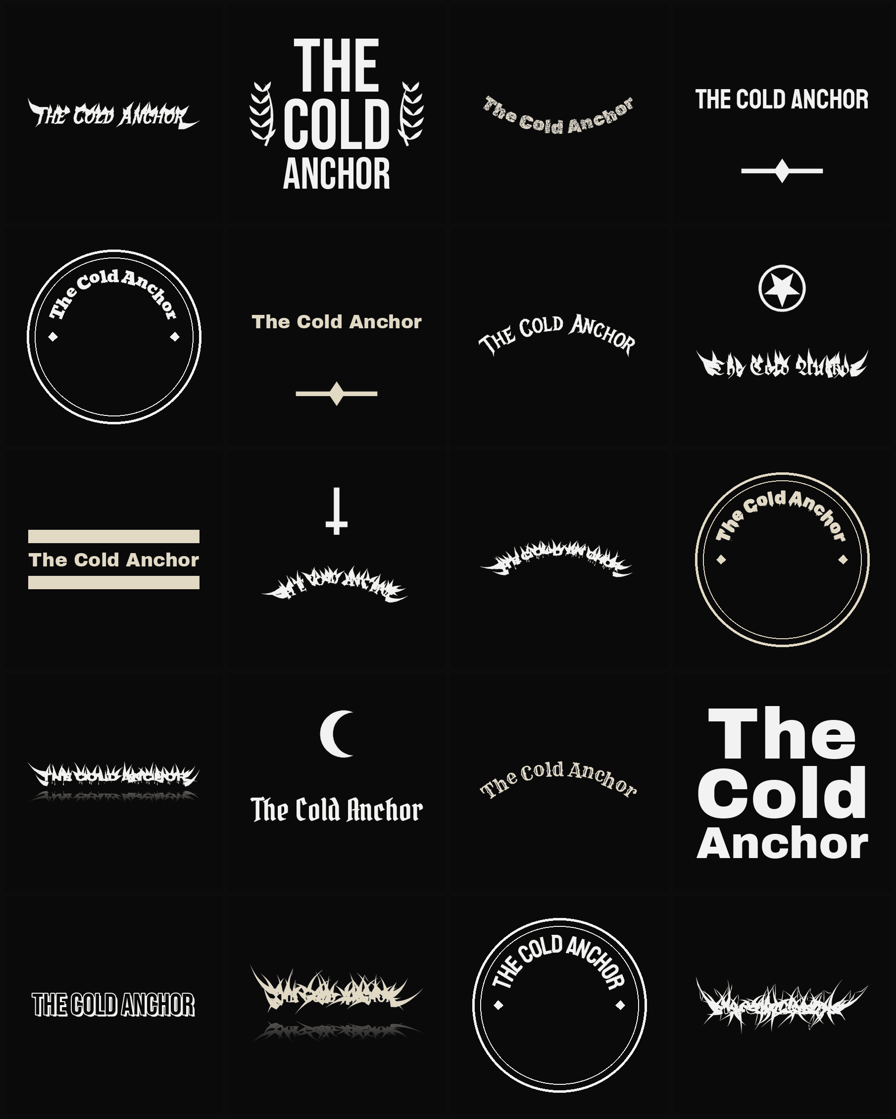 Twenty The Cold Anchor band logo ideas — different faces, treatments and spike settings