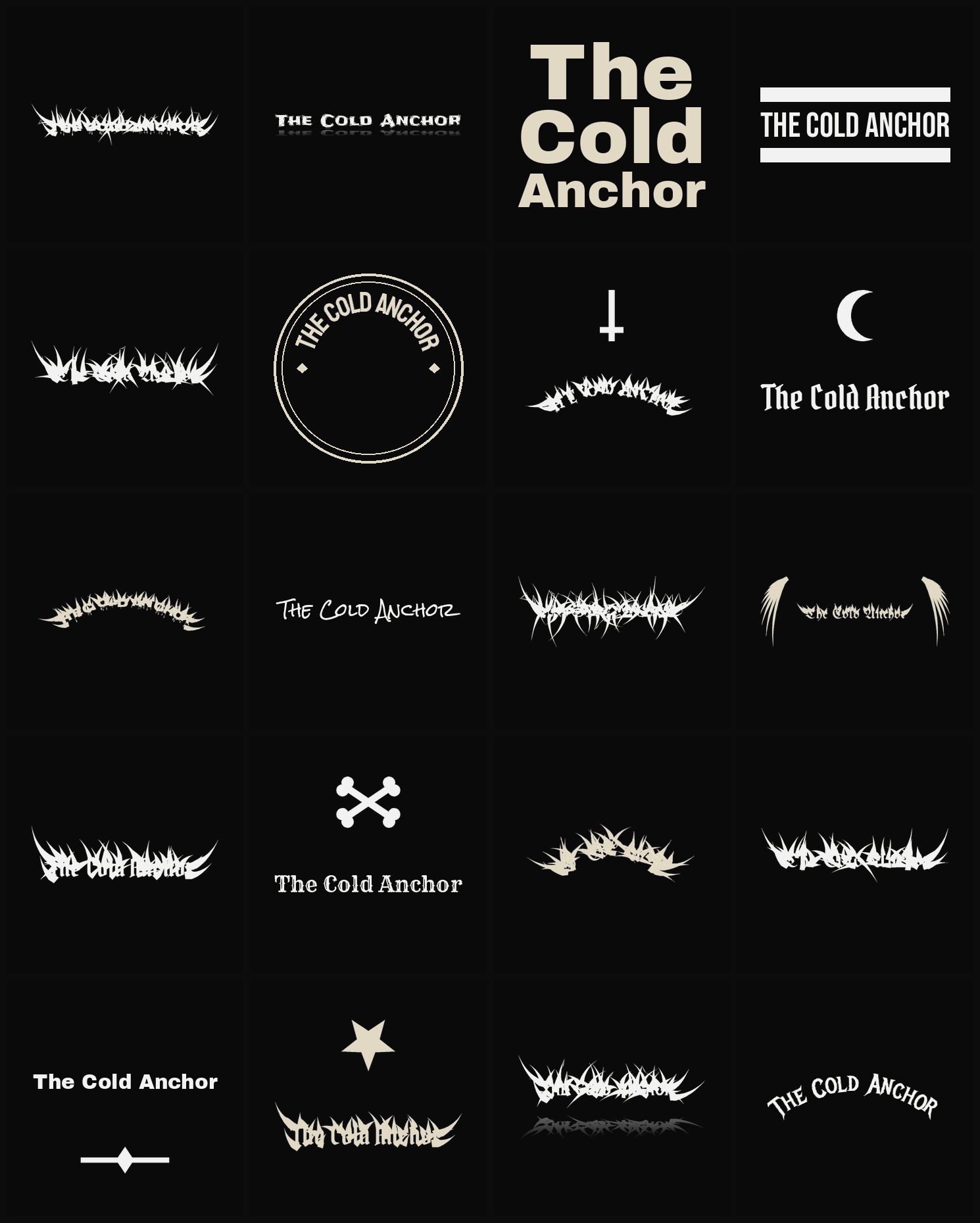 Twenty The Cold Anchor band logo ideas — different faces, treatments and spike settings