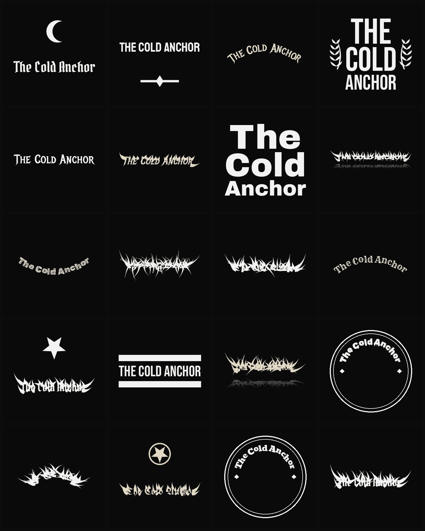 Twenty The Cold Anchor band logo ideas — different faces, treatments and spike settings