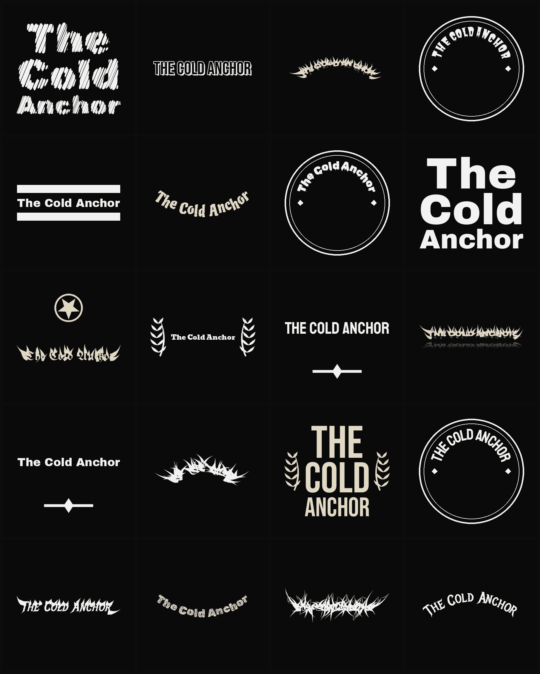 Twenty The Cold Anchor band logo ideas — different faces, treatments and spike settings