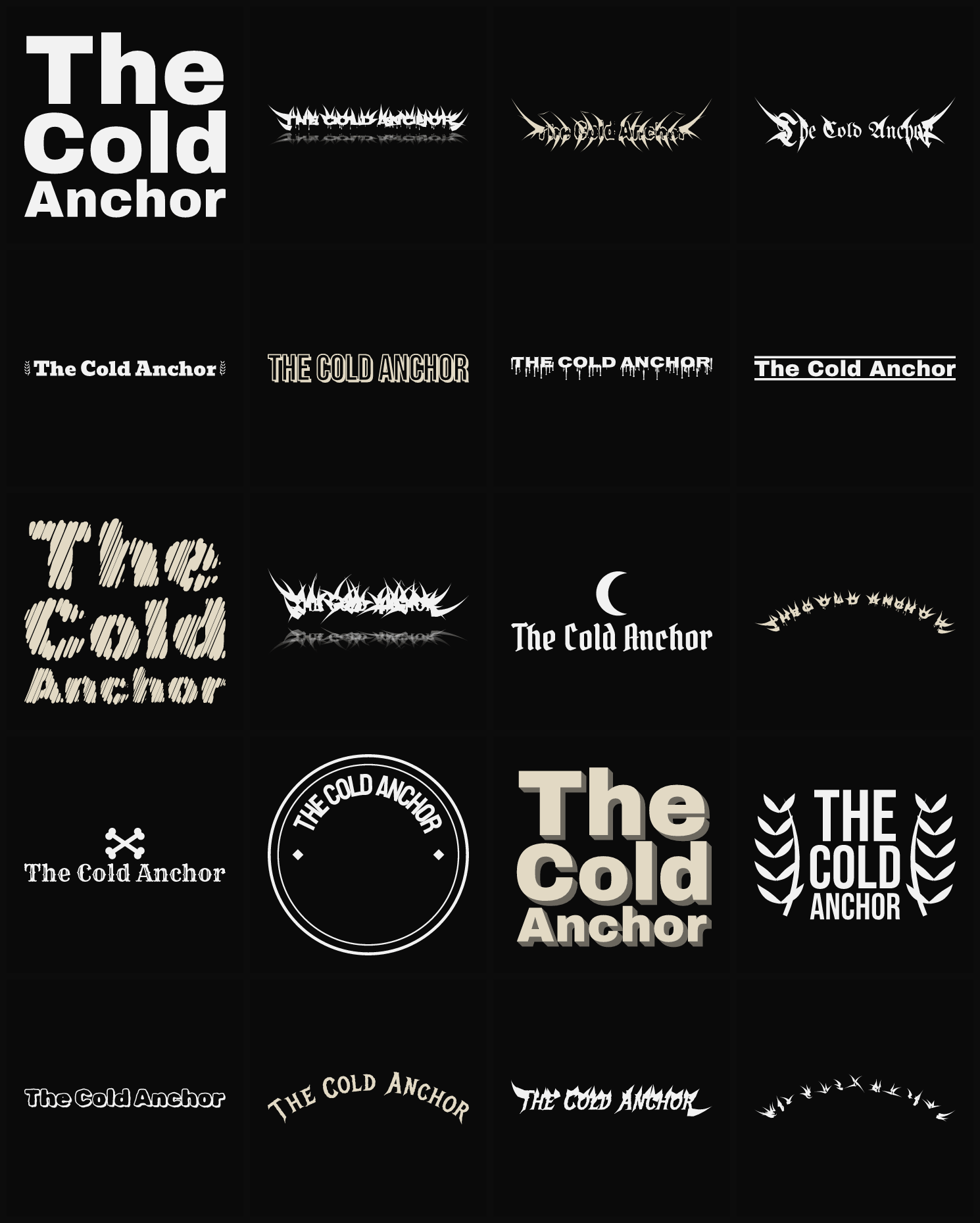 Twenty The Cold Anchor band logo ideas — different faces, treatments and spike settings