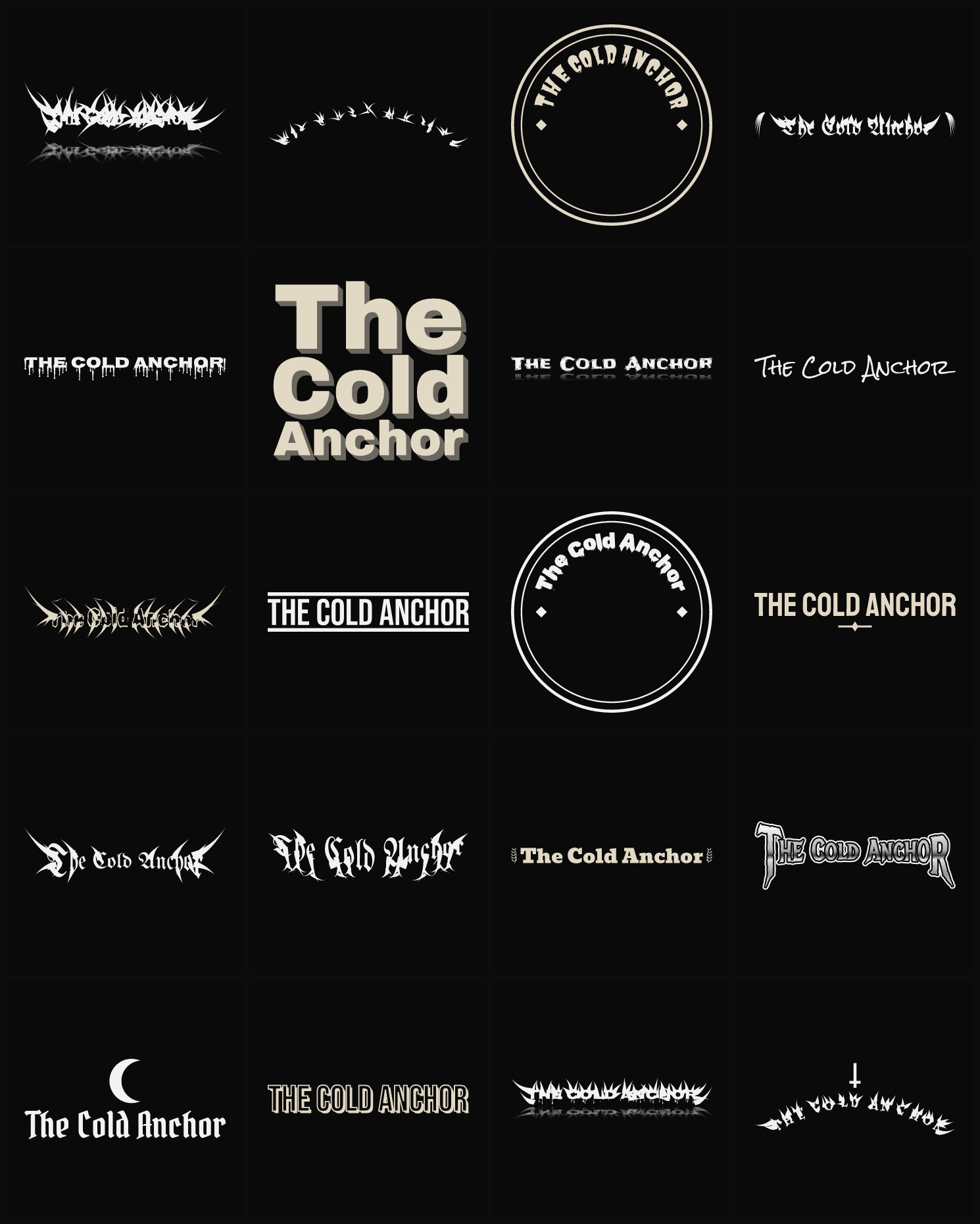 Twenty The Cold Anchor band logo ideas — different faces, treatments and spike settings