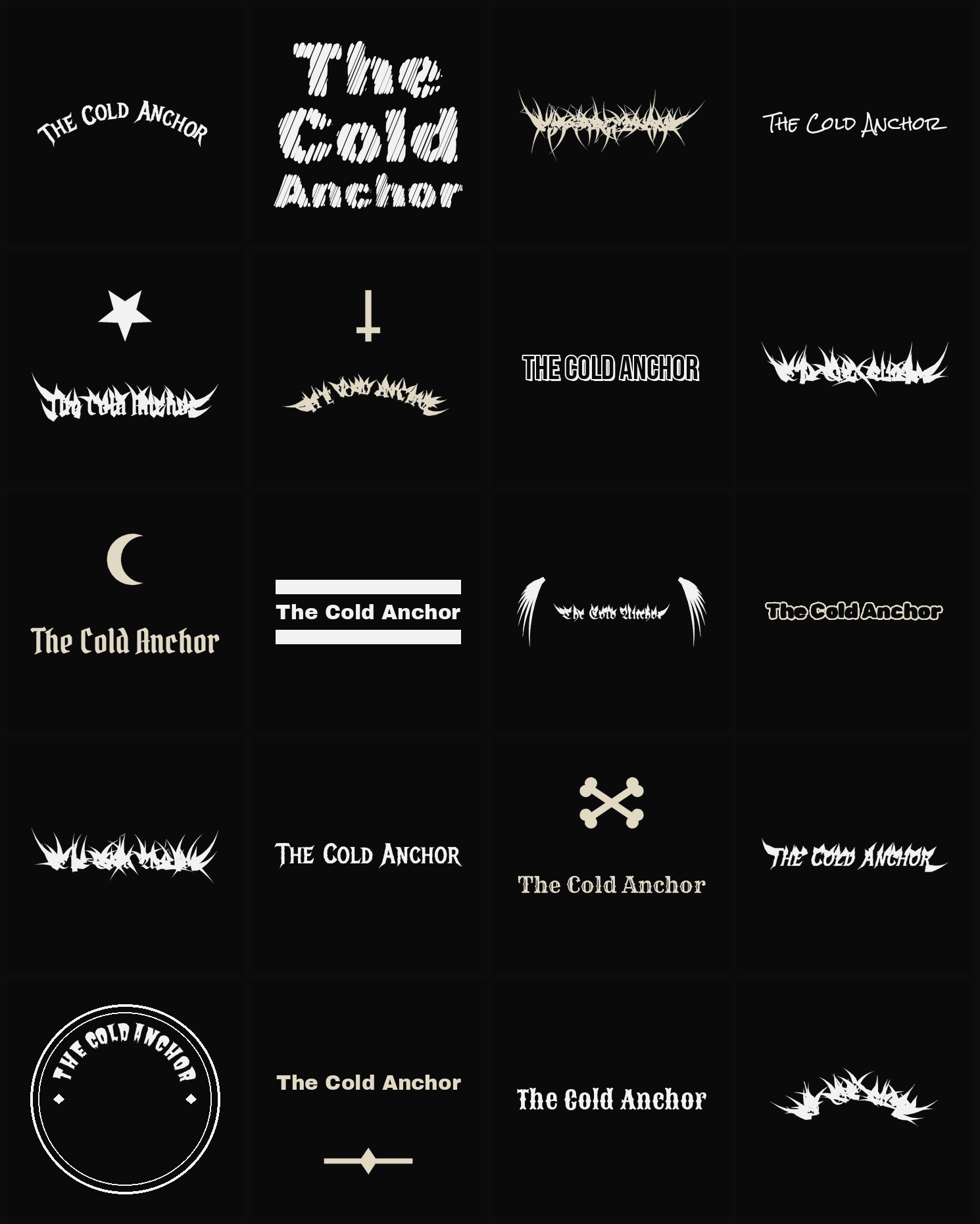 Twenty The Cold Anchor band logo ideas — different faces, treatments and spike settings