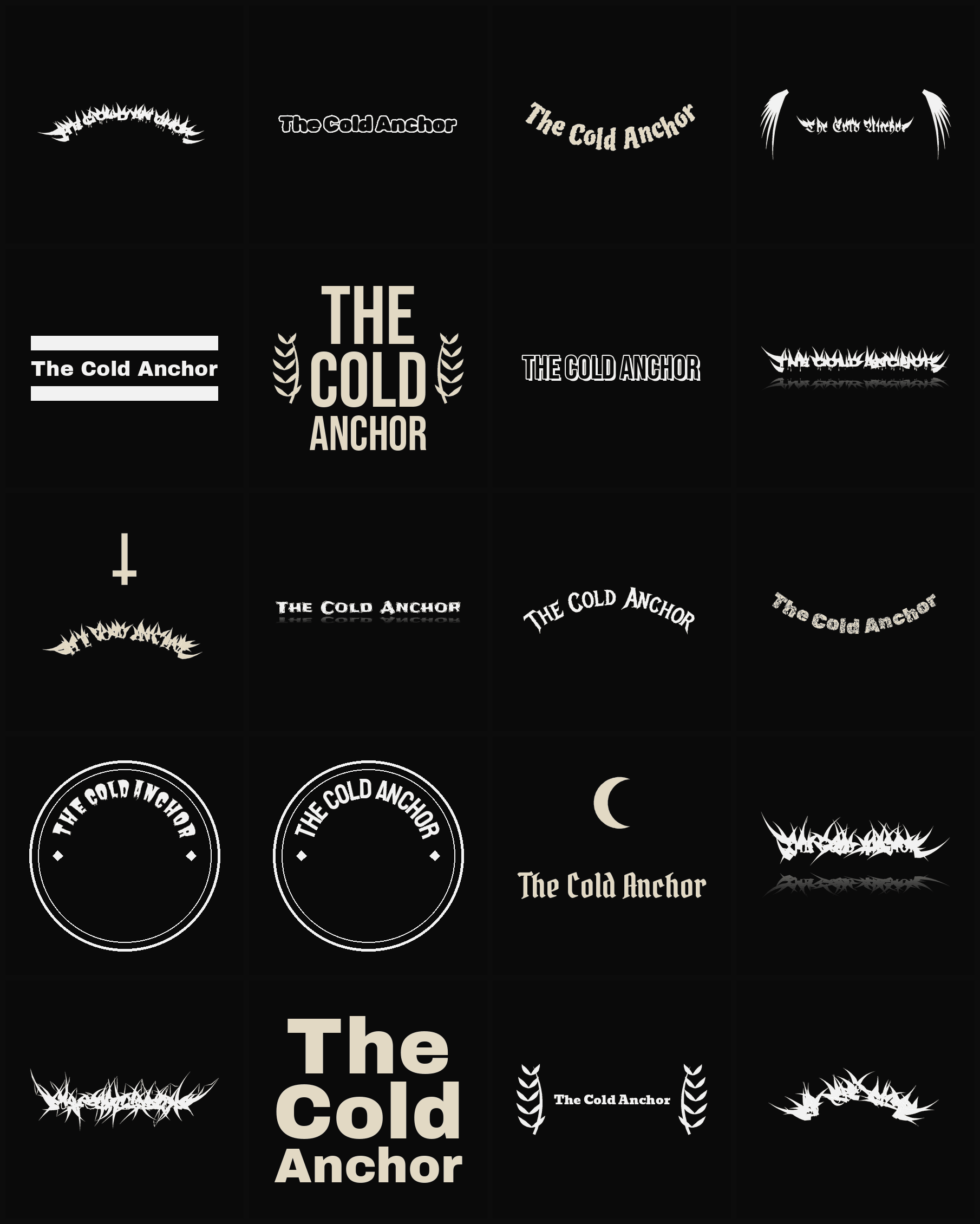 Twenty The Cold Anchor band logo ideas — different faces, treatments and spike settings