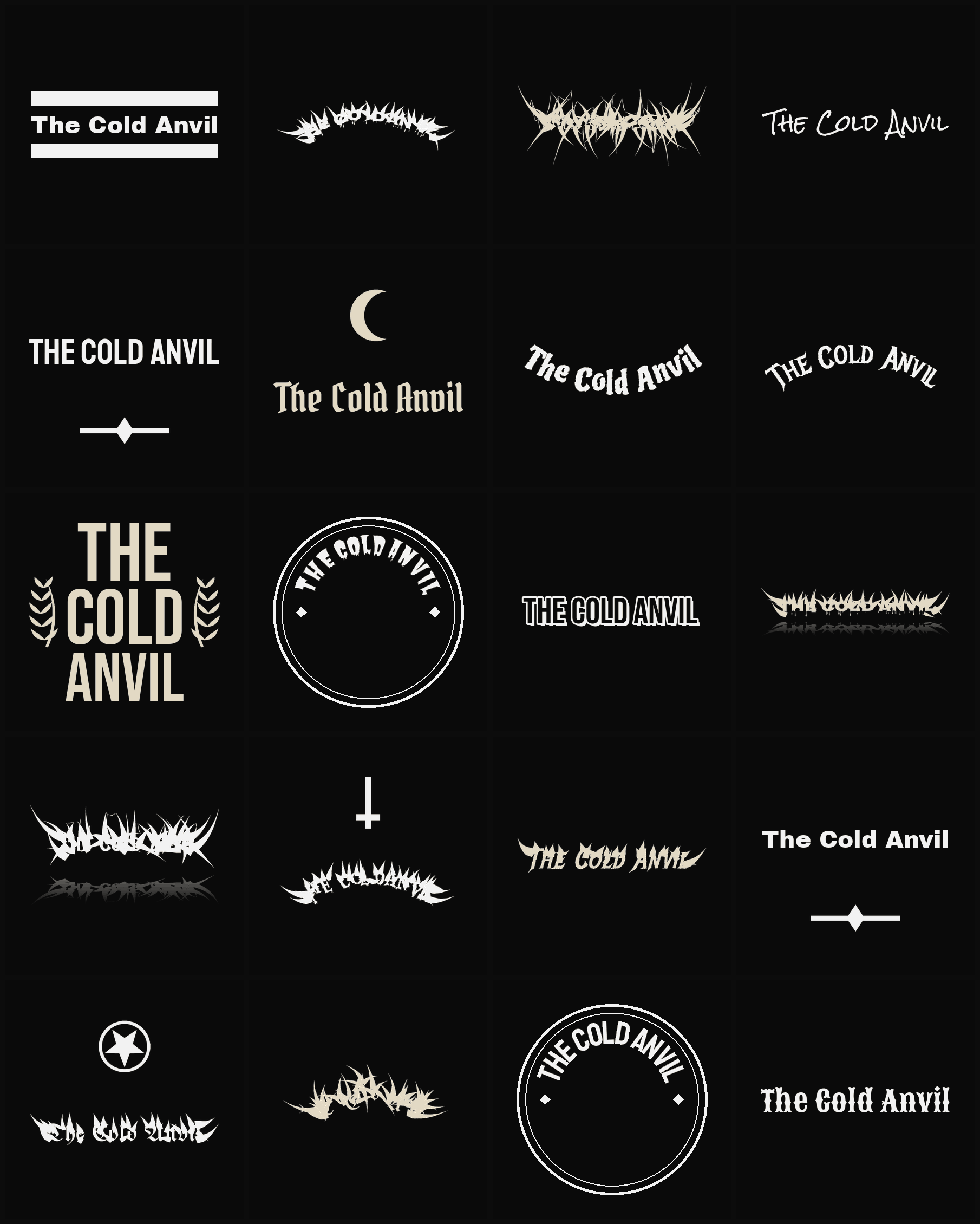 Twenty The Cold Anvil band logo ideas — different faces, treatments and spike settings