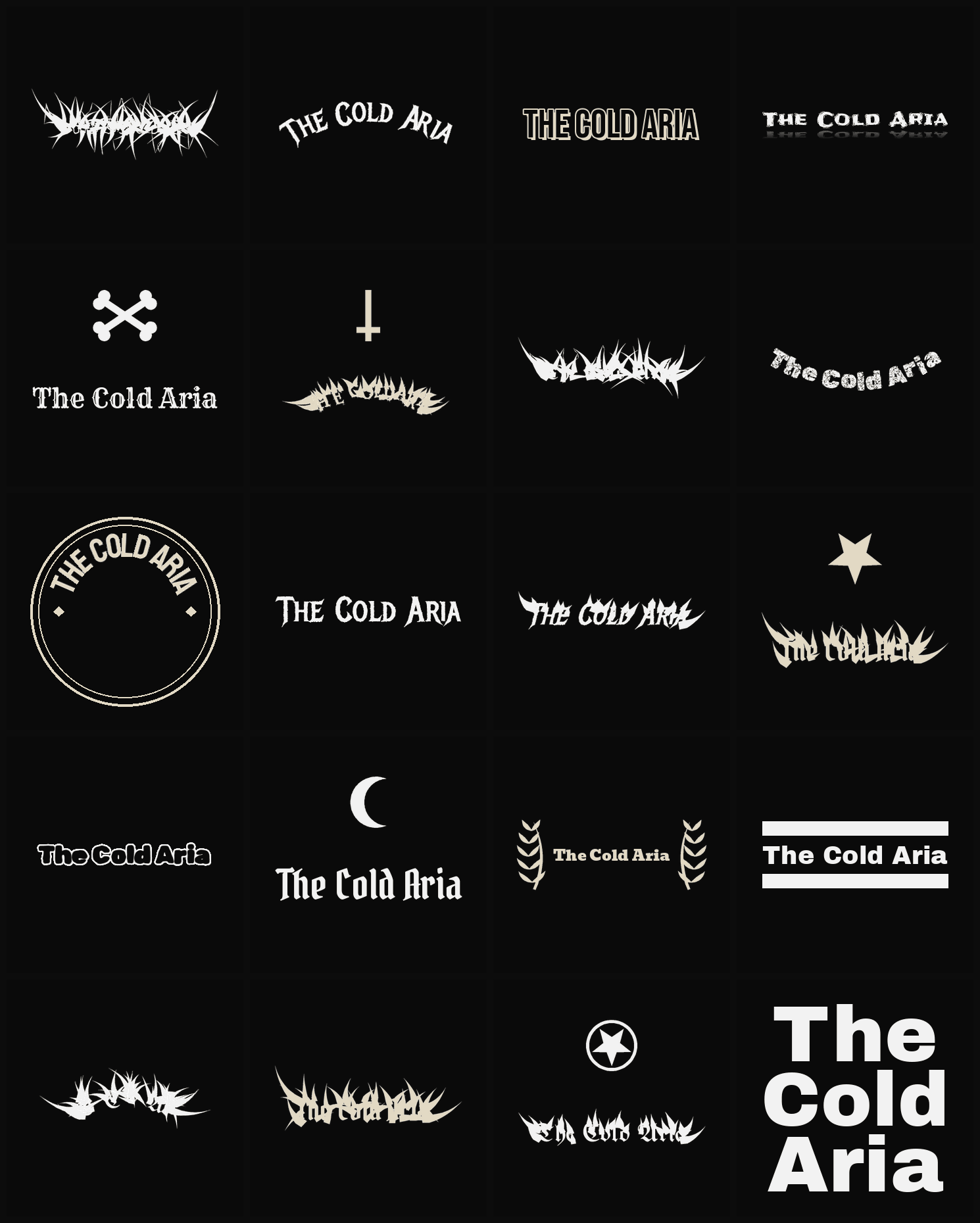 Twenty The Cold Aria band logo ideas — different faces, treatments and spike settings