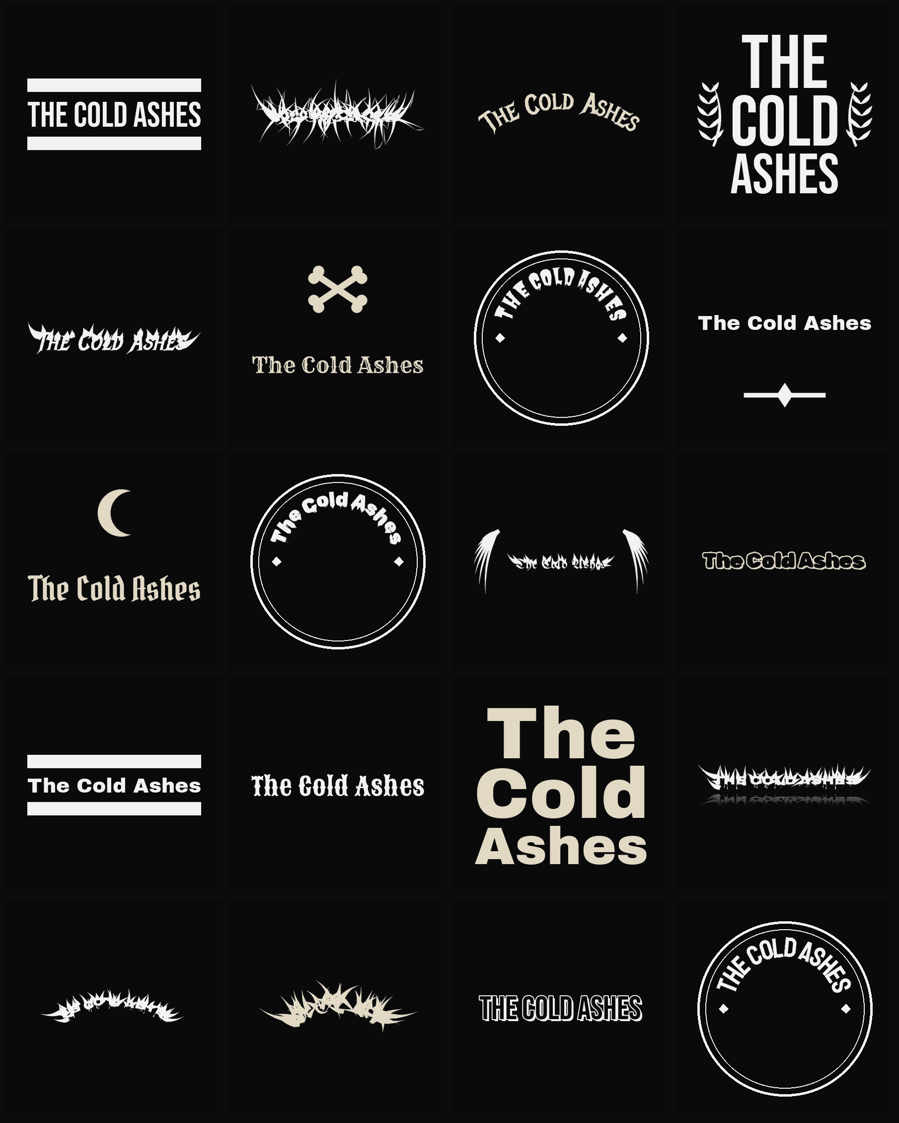 Twenty The Cold Ashes band logo ideas — different faces, treatments and spike settings