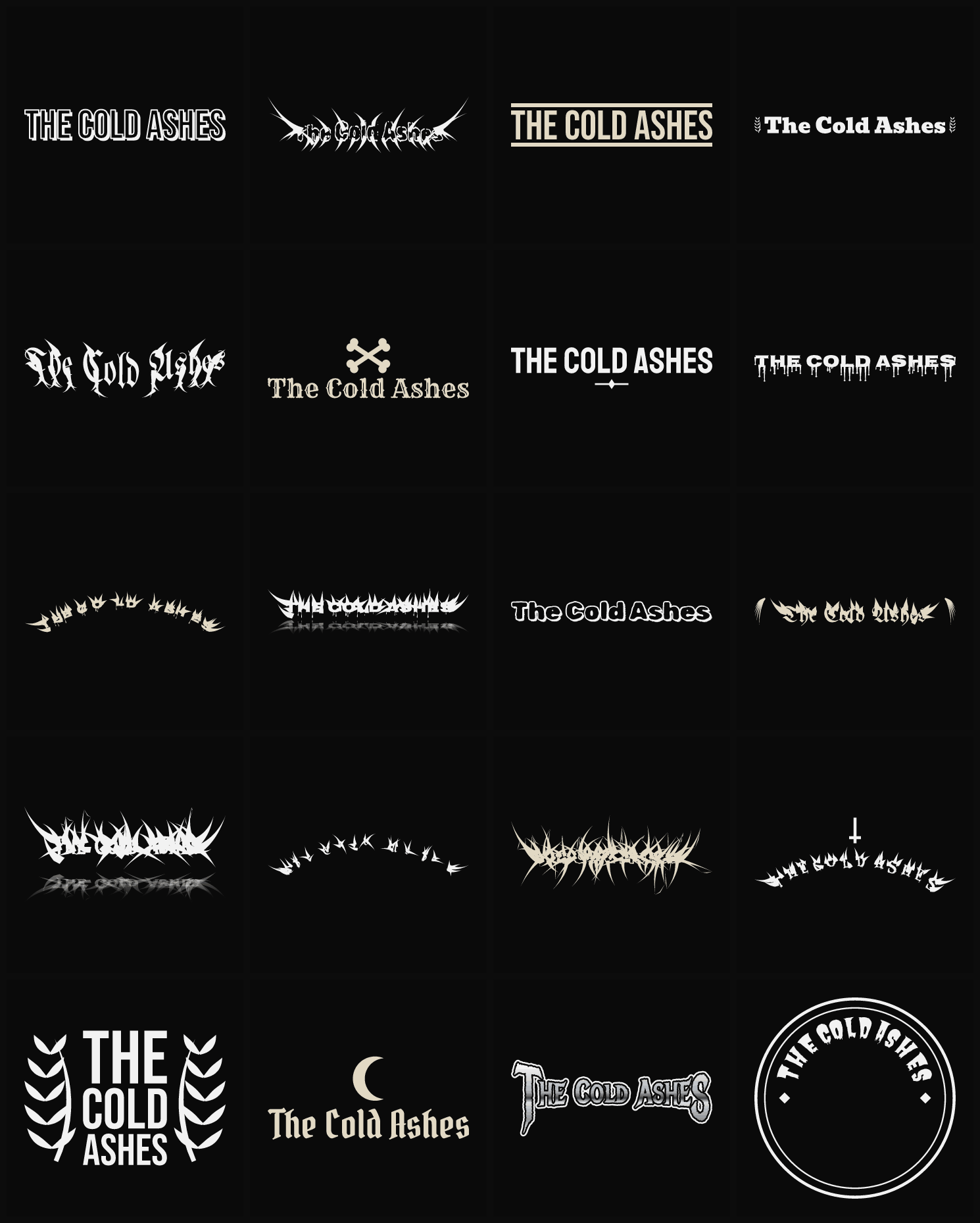 Twenty The Cold Ashes band logo ideas — different faces, treatments and spike settings