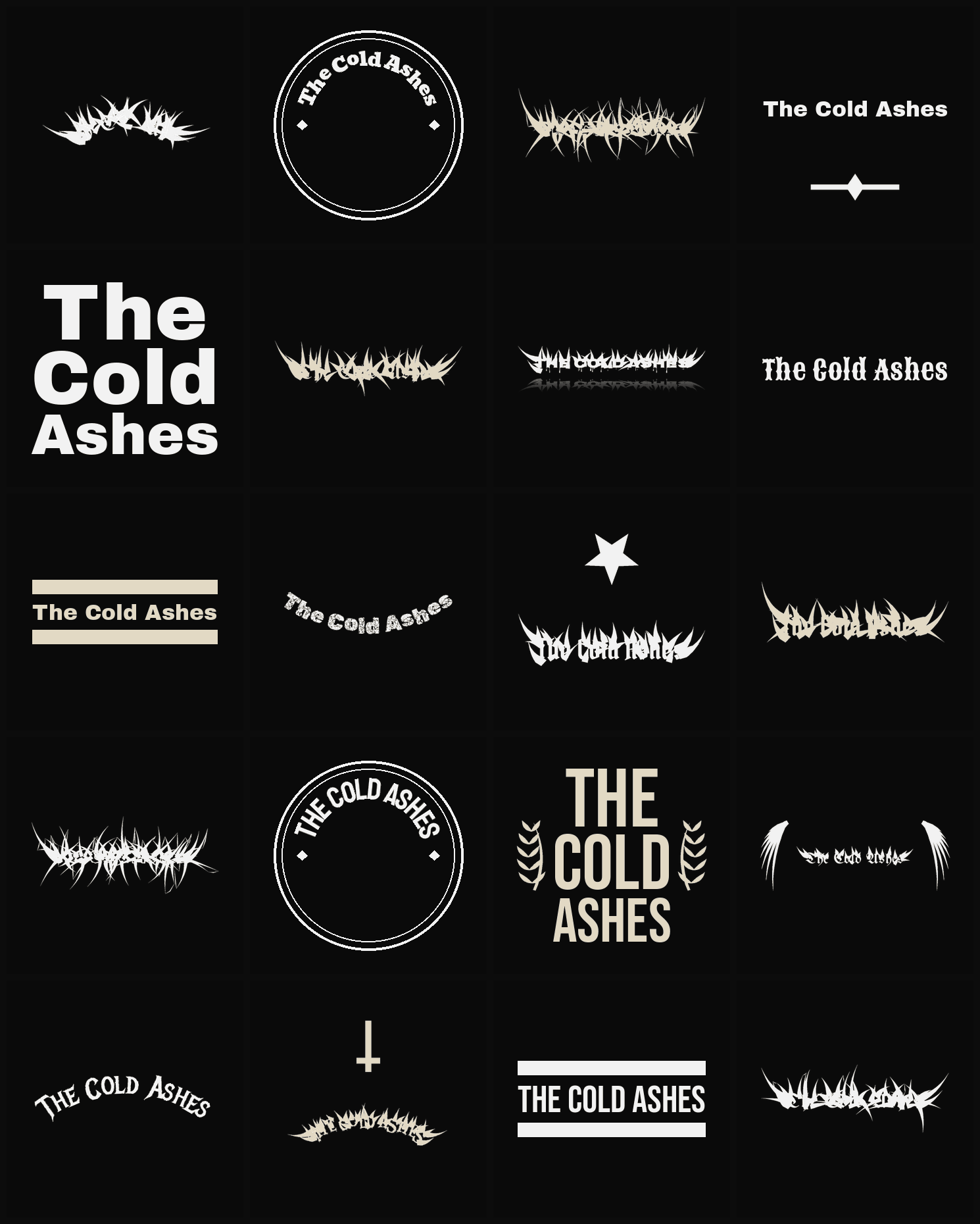 Twenty The Cold Ashes band logo ideas — different faces, treatments and spike settings