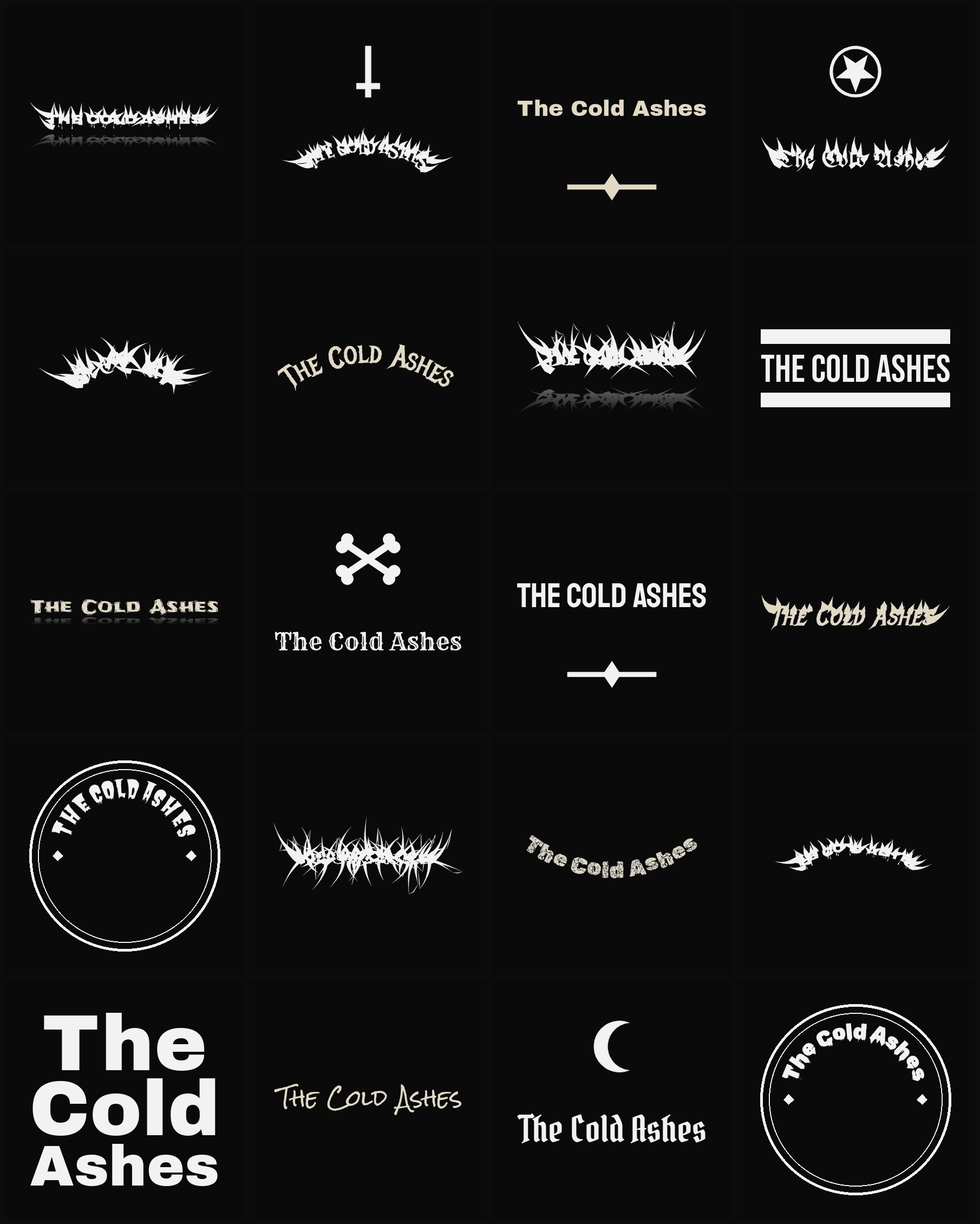Twenty The Cold Ashes band logo ideas — different faces, treatments and spike settings
