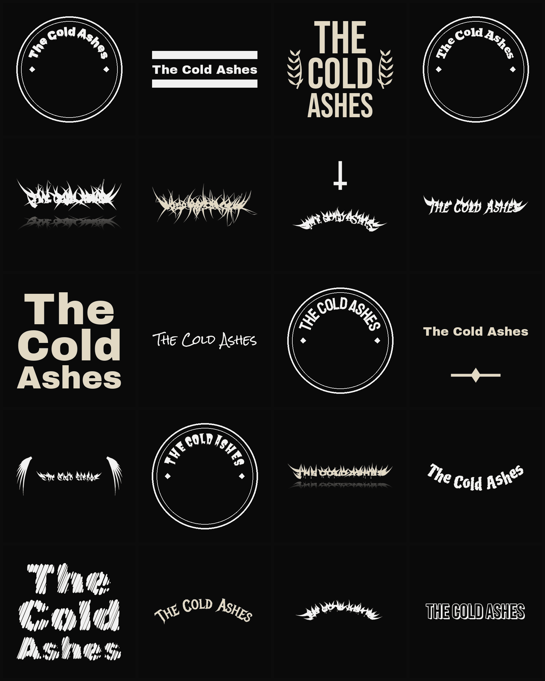 Twenty The Cold Ashes band logo ideas — different faces, treatments and spike settings