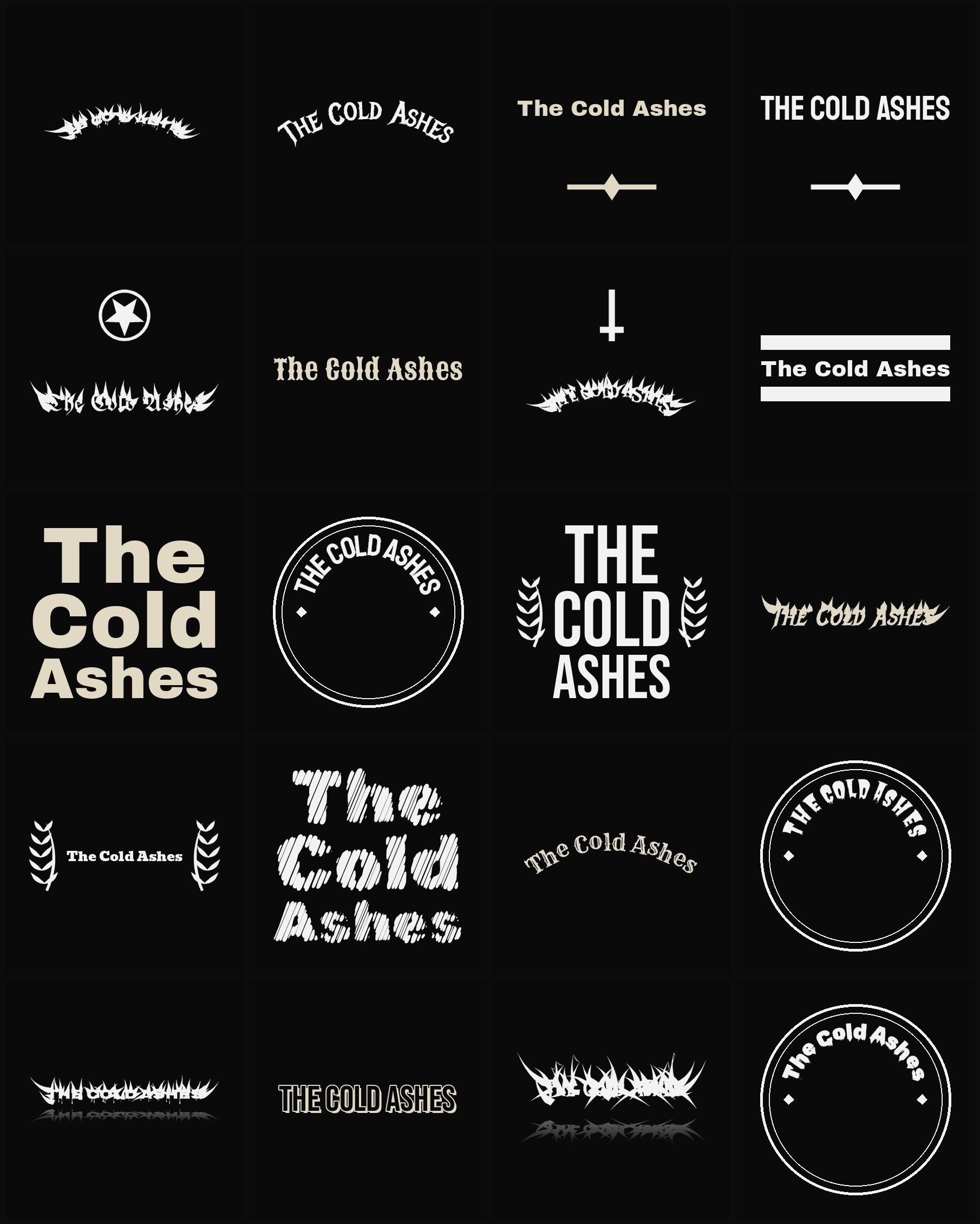Twenty The Cold Ashes band logo ideas — different faces, treatments and spike settings