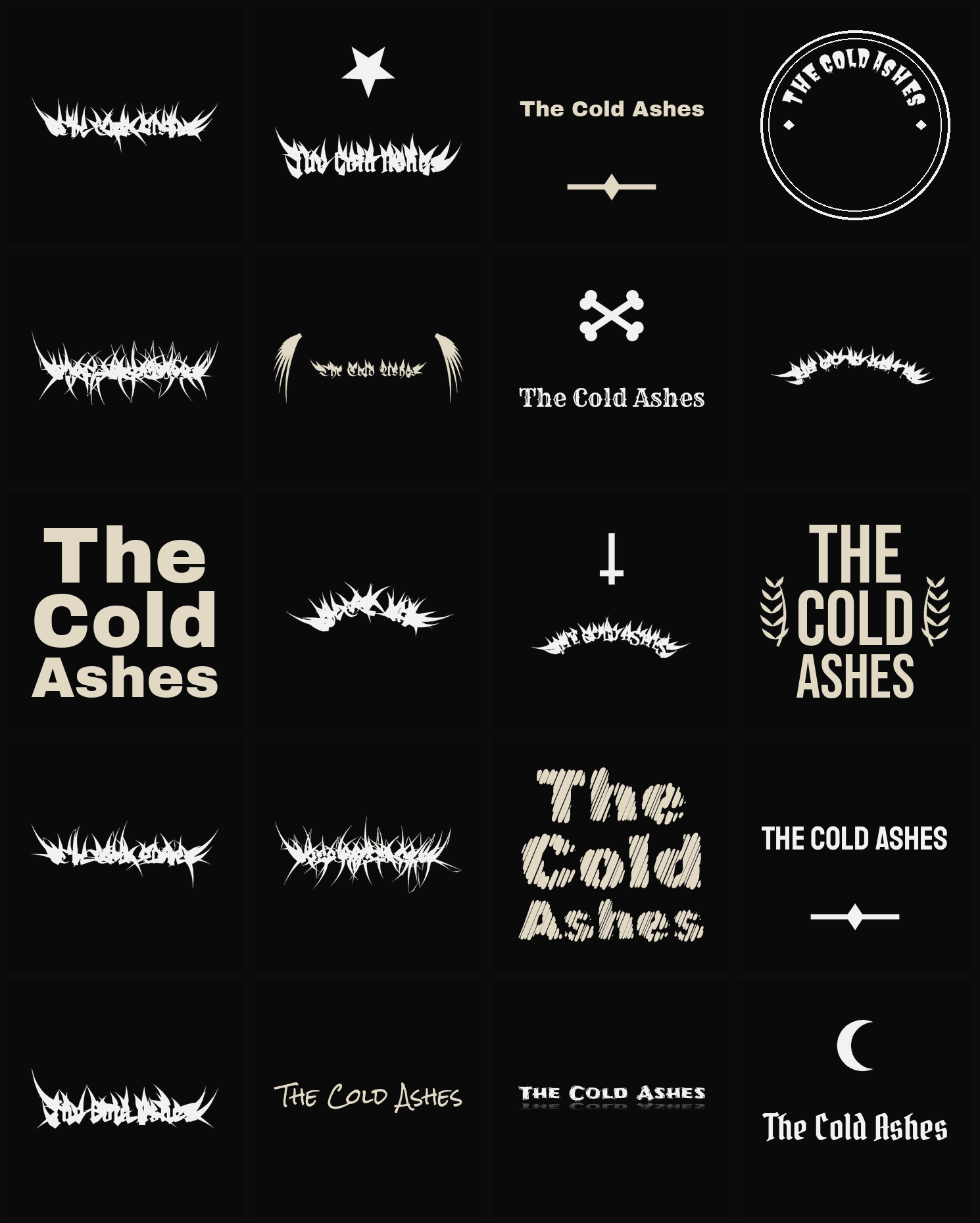 Twenty The Cold Ashes band logo ideas — different faces, treatments and spike settings