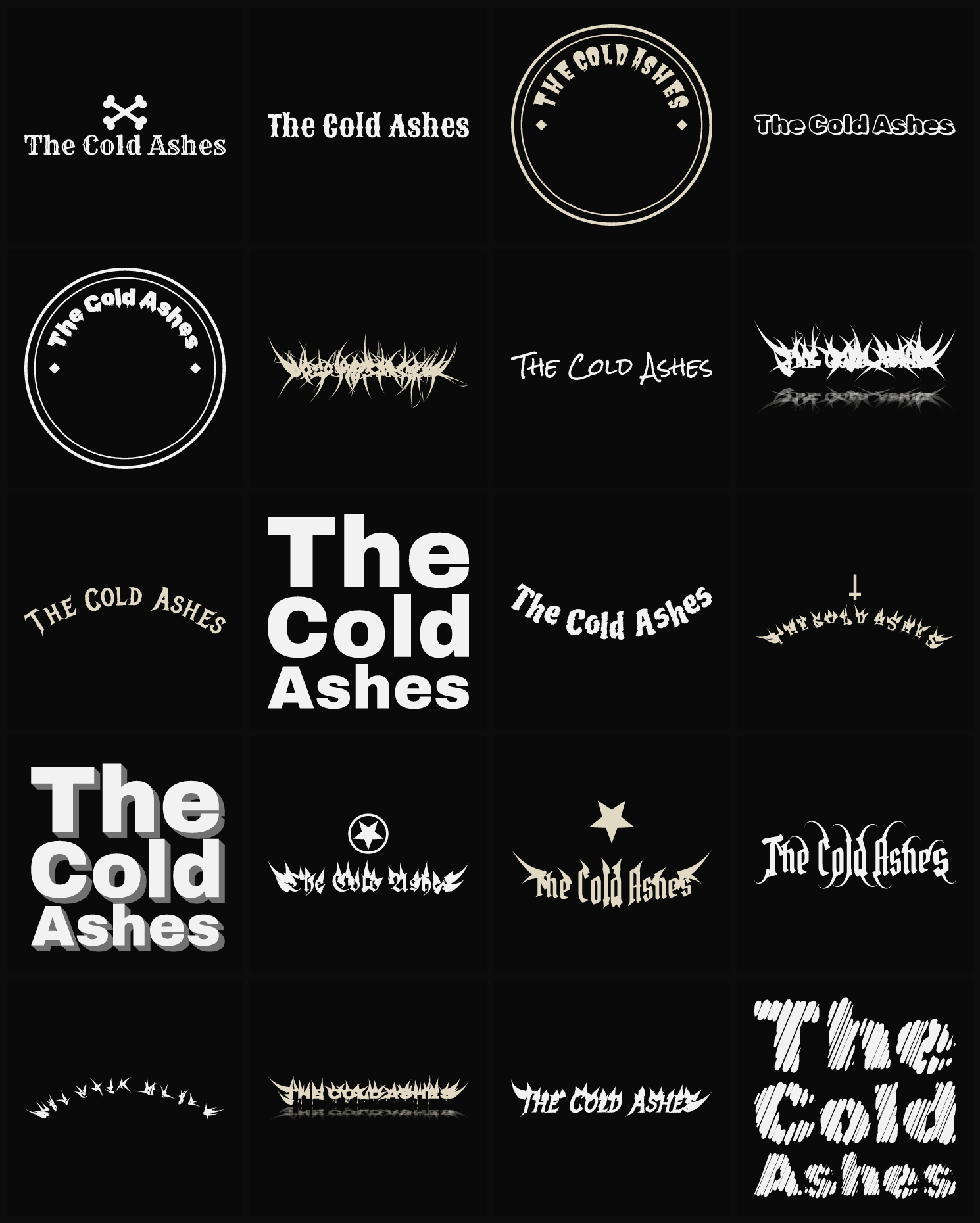 Twenty The Cold Ashes band logo ideas — different faces, treatments and spike settings