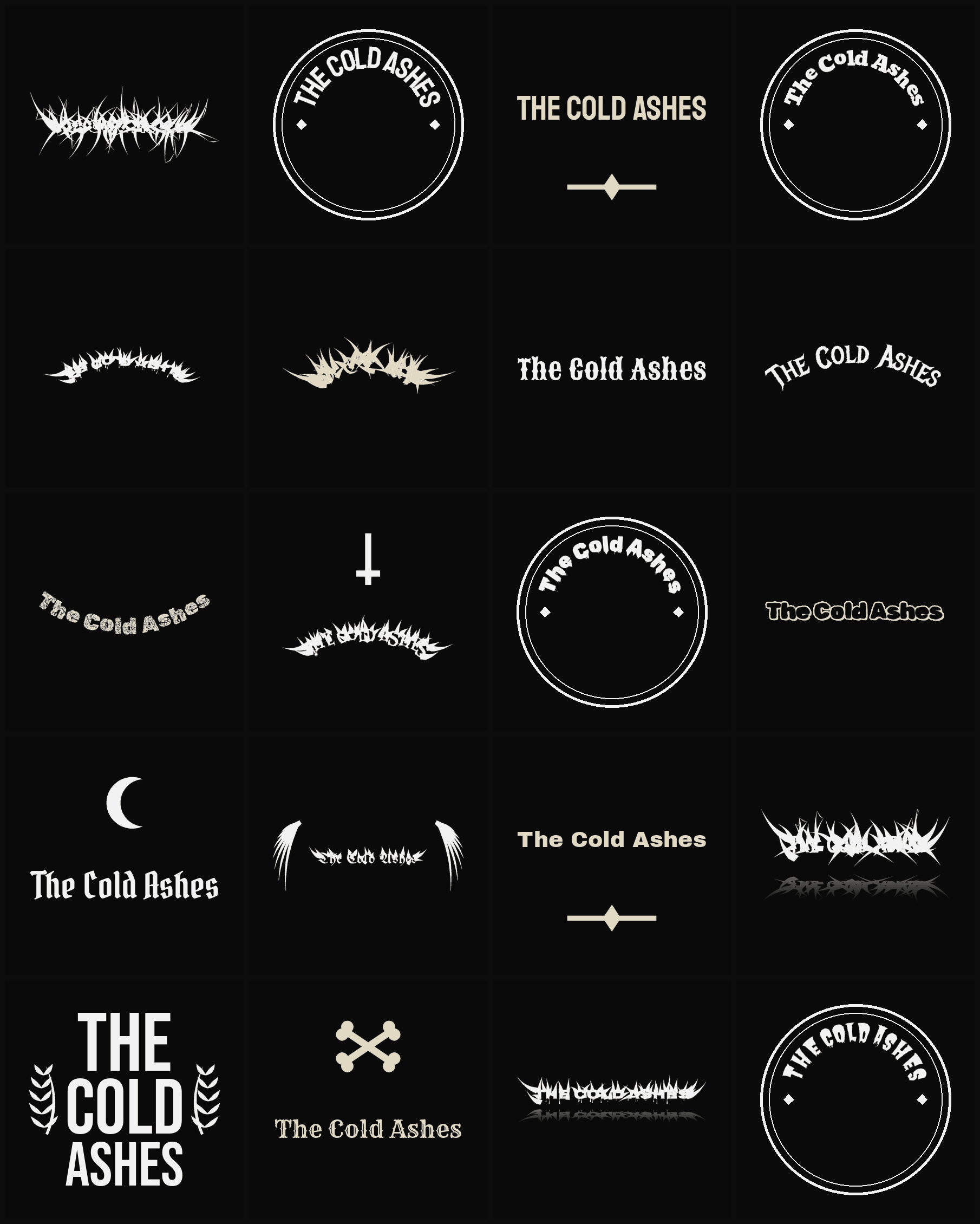 Twenty The Cold Ashes band logo ideas — different faces, treatments and spike settings