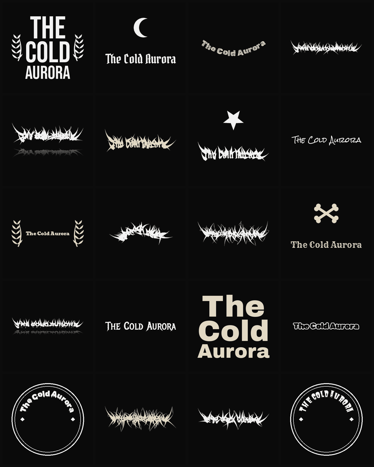 Twenty The Cold Aurora band logo ideas — different faces, treatments and spike settings