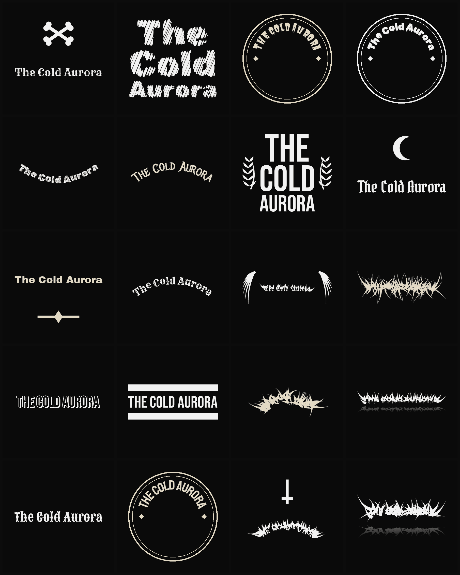 Twenty The Cold Aurora band logo ideas — different faces, treatments and spike settings