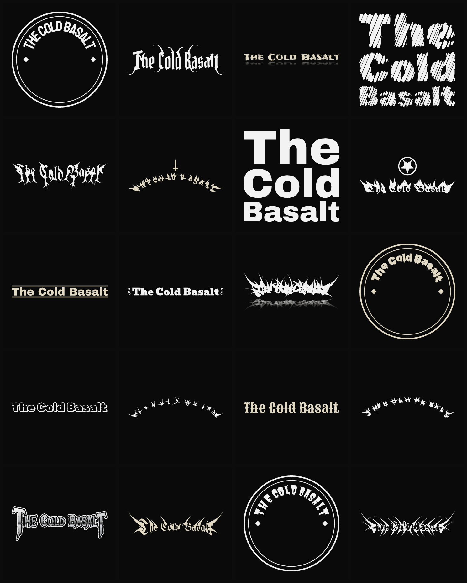 Twenty The Cold Basalt band logo ideas — different faces, treatments and spike settings