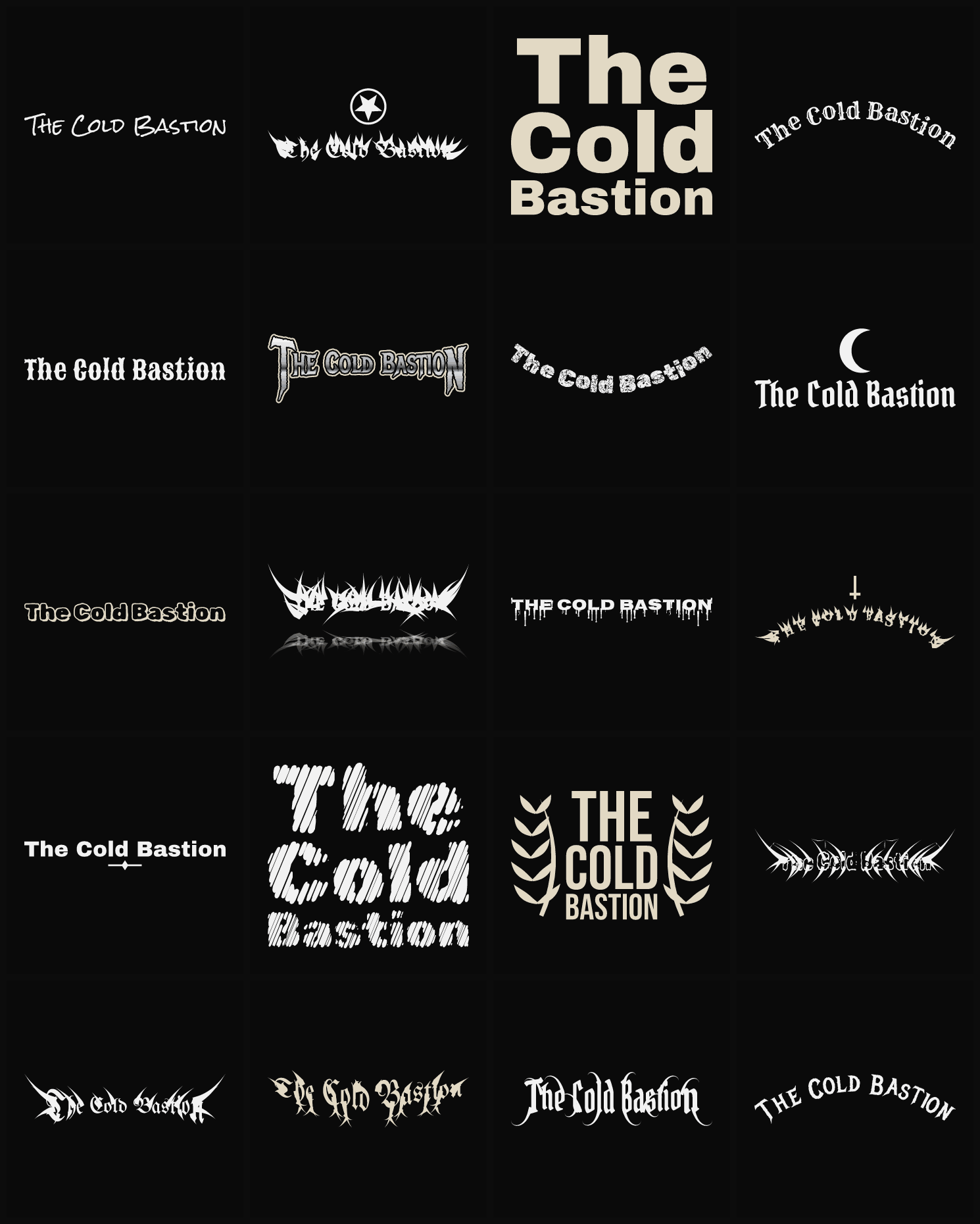 Twenty The Cold Bastion band logo ideas — different faces, treatments and spike settings