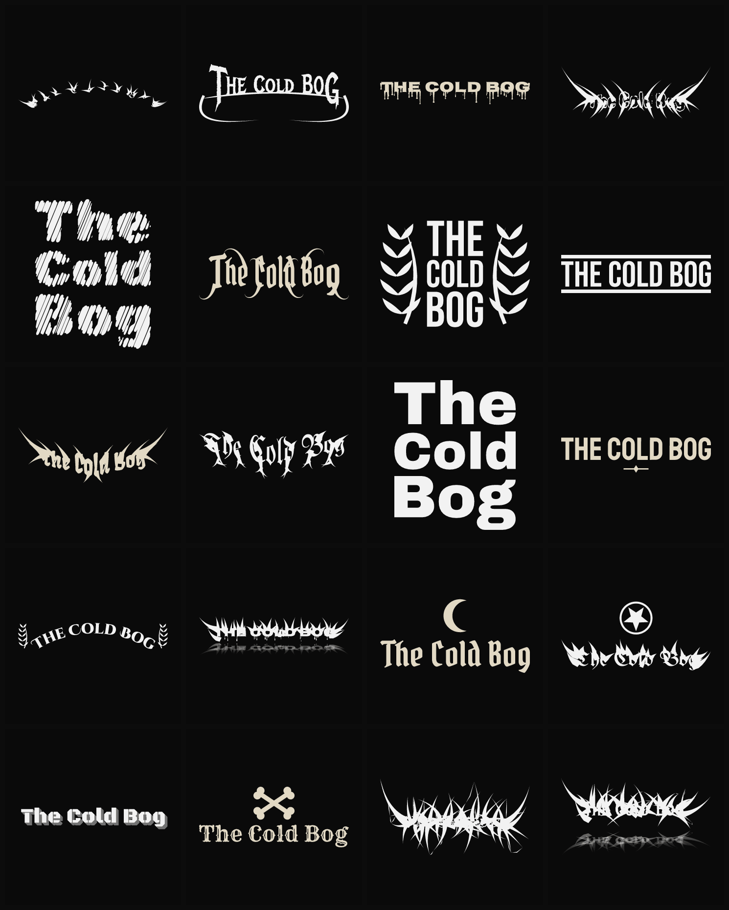 Twenty The Cold Bog band logo ideas — different faces, treatments and spike settings