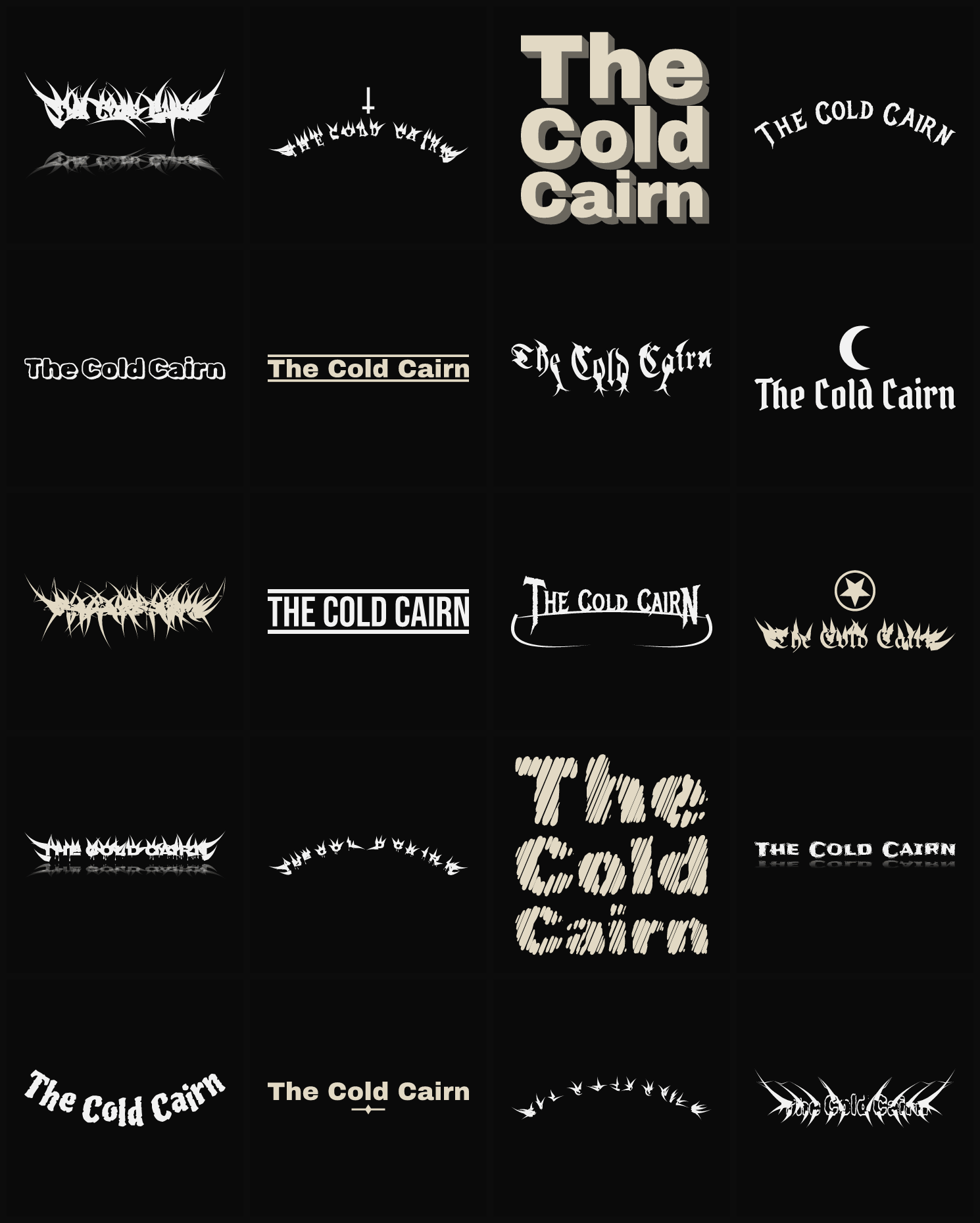 Twenty The Cold Cairn band logo ideas — different faces, treatments and spike settings