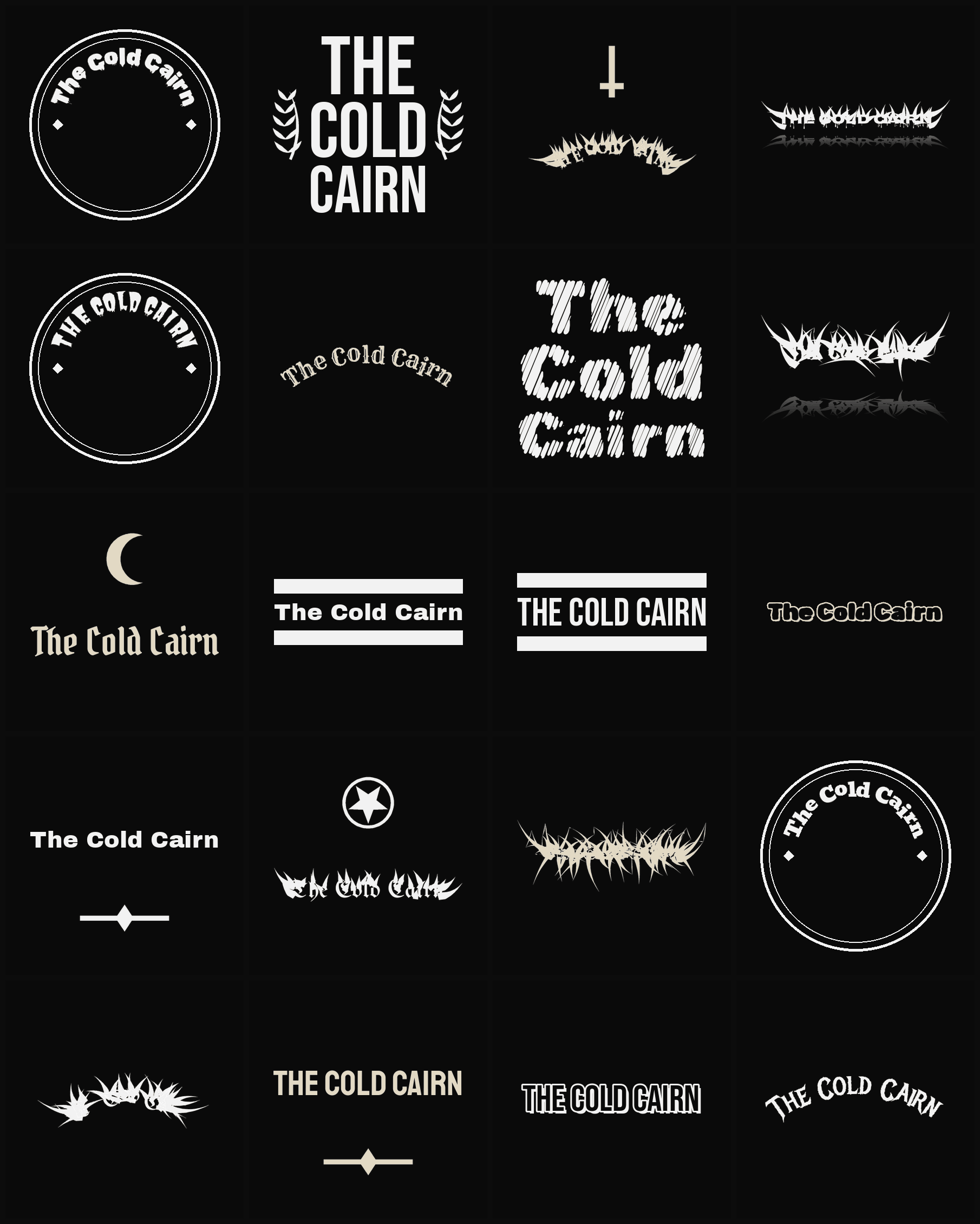 Twenty The Cold Cairn band logo ideas — different faces, treatments and spike settings