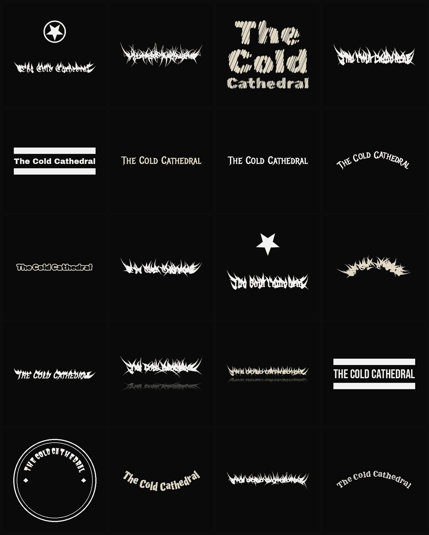 Twenty The Cold Cathedral band logo ideas — different faces, treatments and spike settings