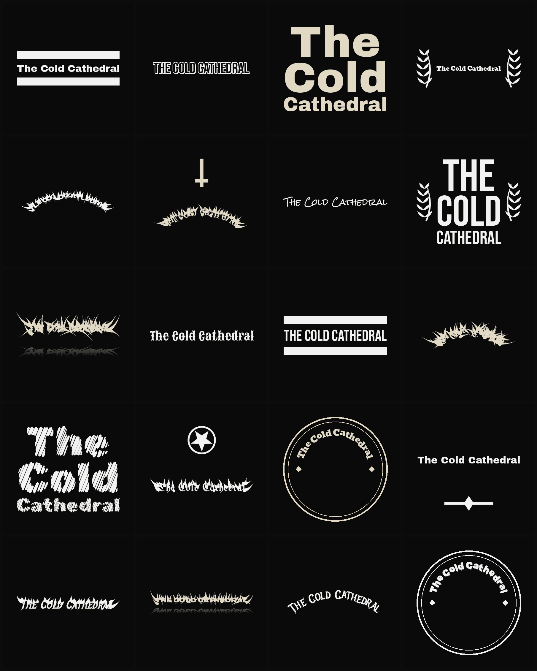 Twenty The Cold Cathedral band logo ideas — different faces, treatments and spike settings