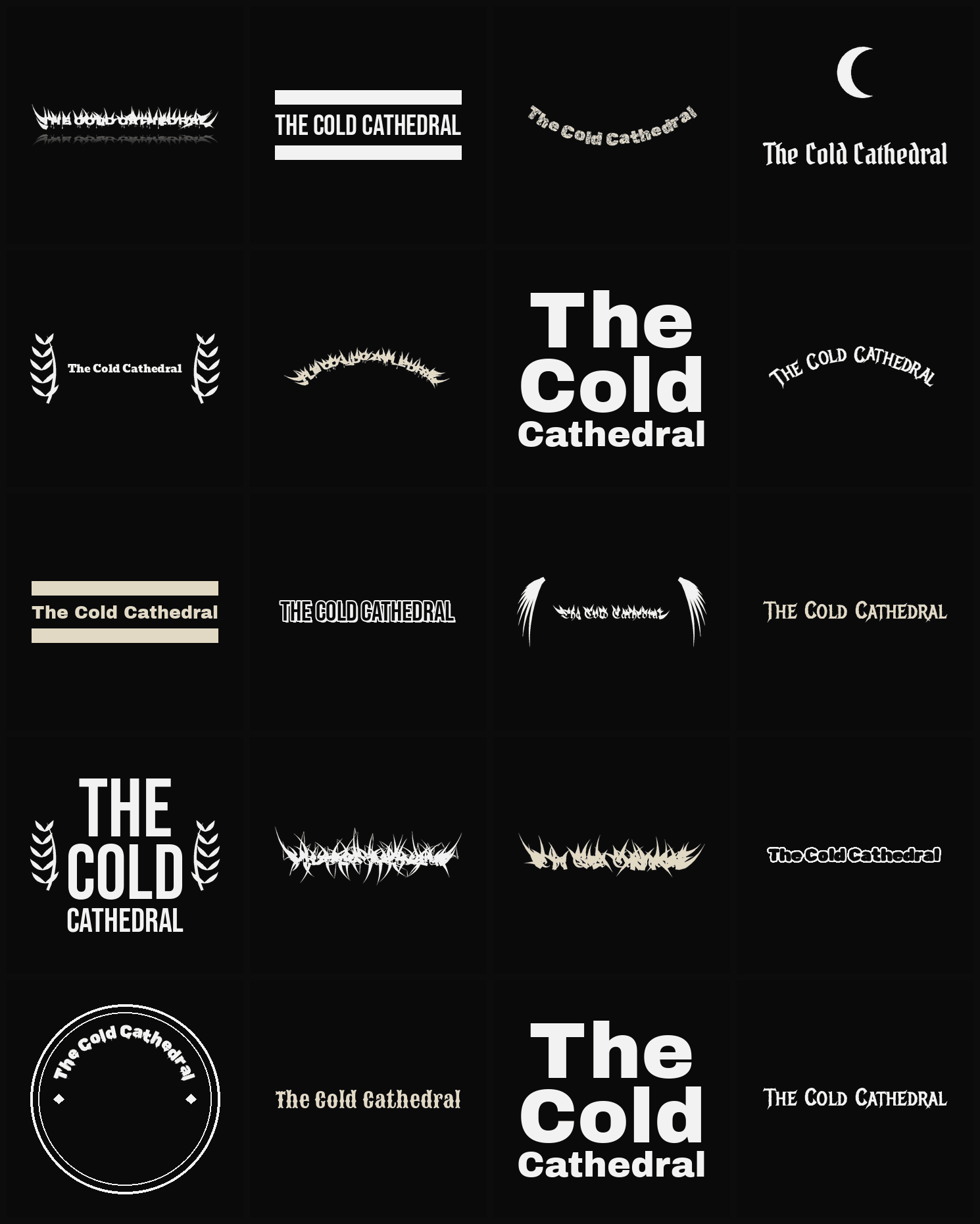 Twenty The Cold Cathedral band logo ideas — different faces, treatments and spike settings