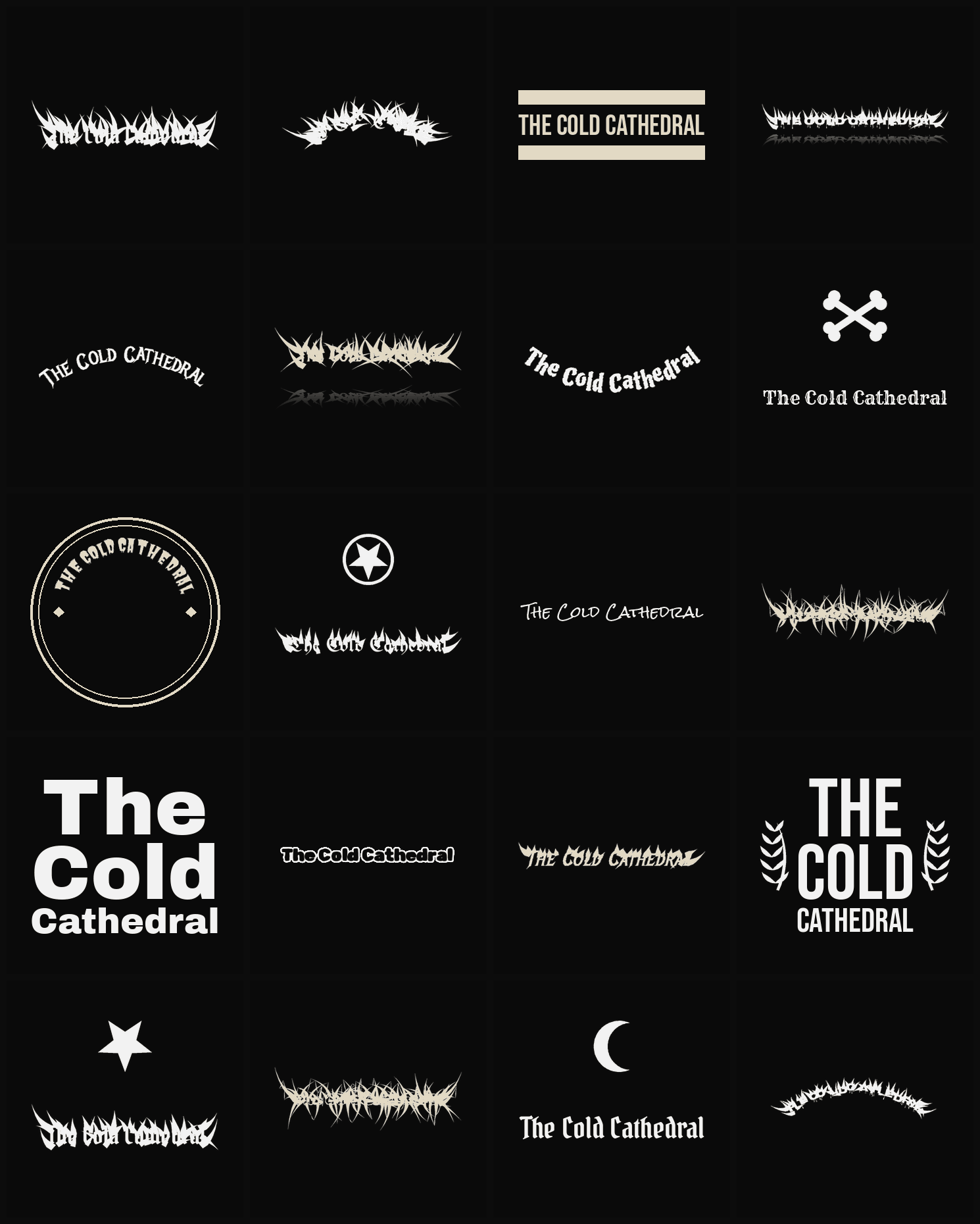 Twenty The Cold Cathedral band logo ideas — different faces, treatments and spike settings