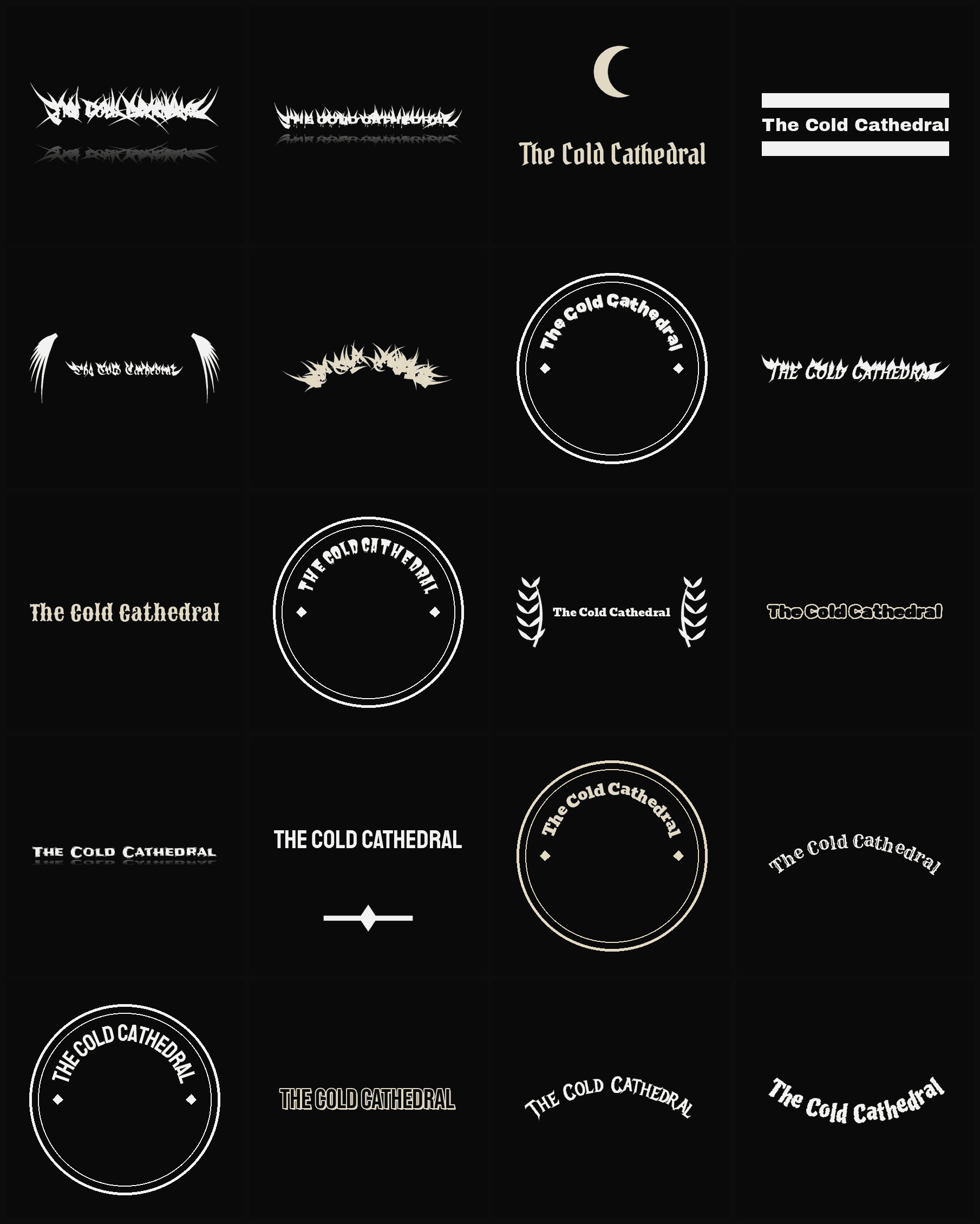 Twenty The Cold Cathedral band logo ideas — different faces, treatments and spike settings