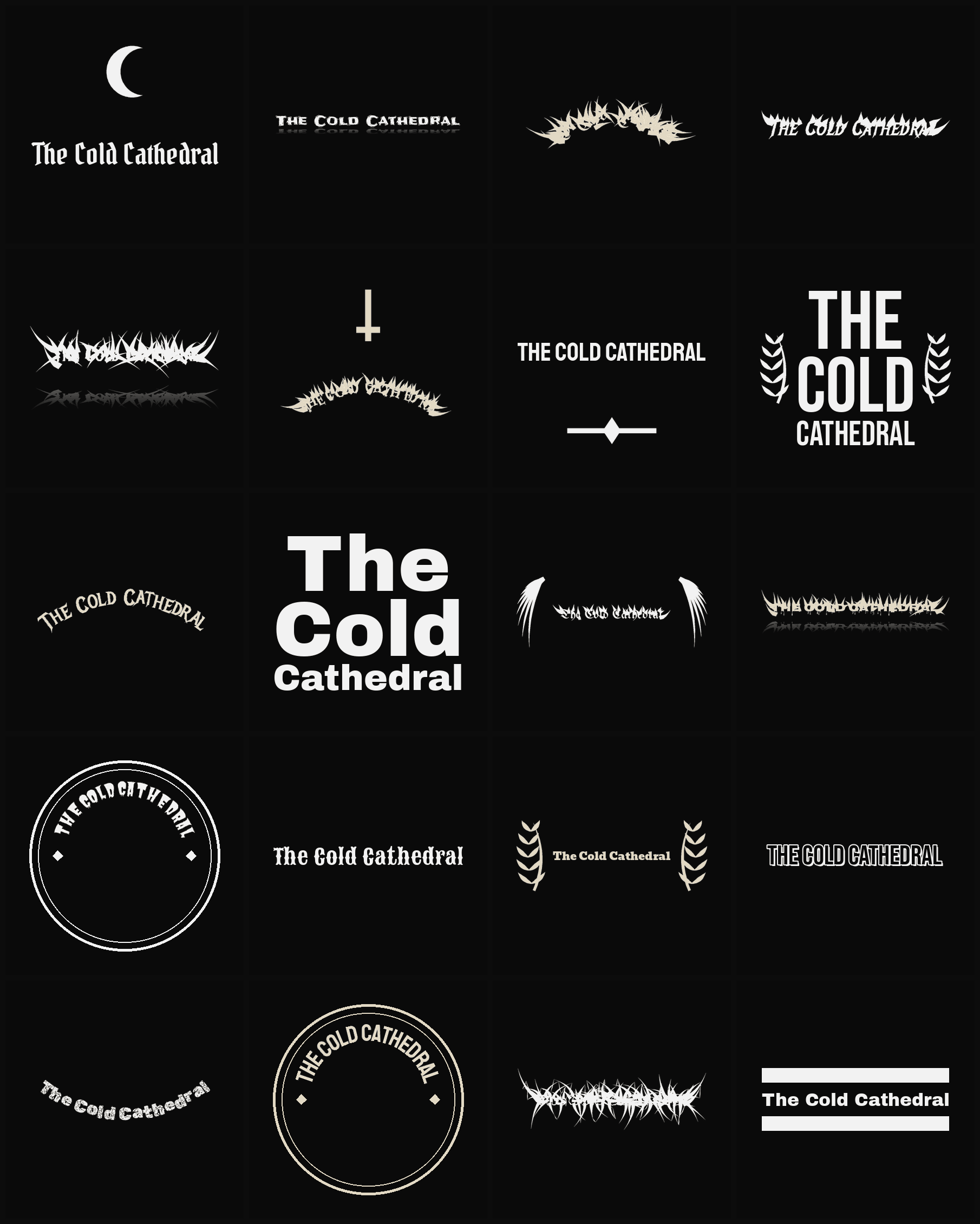 Twenty The Cold Cathedral band logo ideas — different faces, treatments and spike settings
