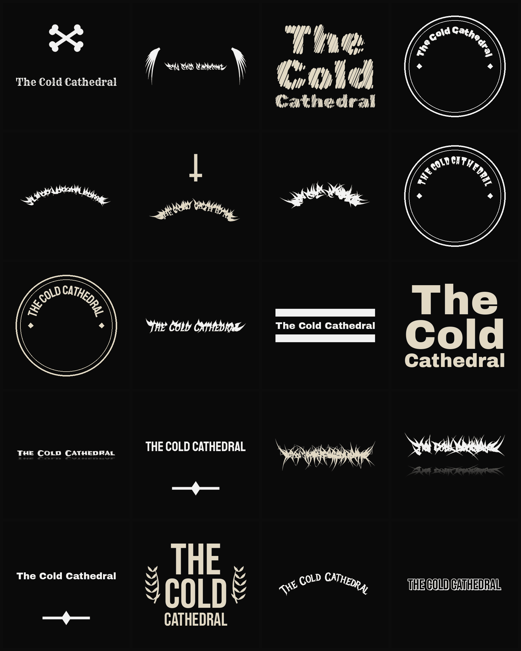 Twenty The Cold Cathedral band logo ideas — different faces, treatments and spike settings