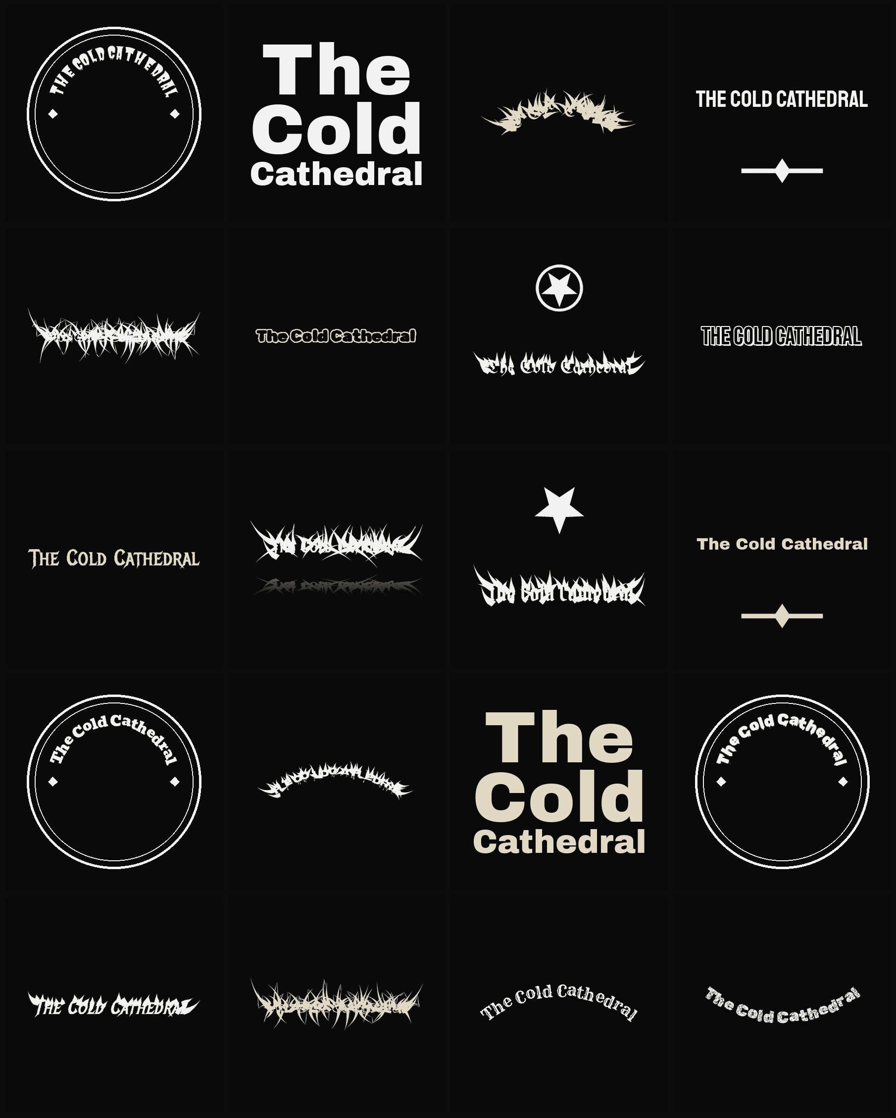 Twenty The Cold Cathedral band logo ideas — different faces, treatments and spike settings