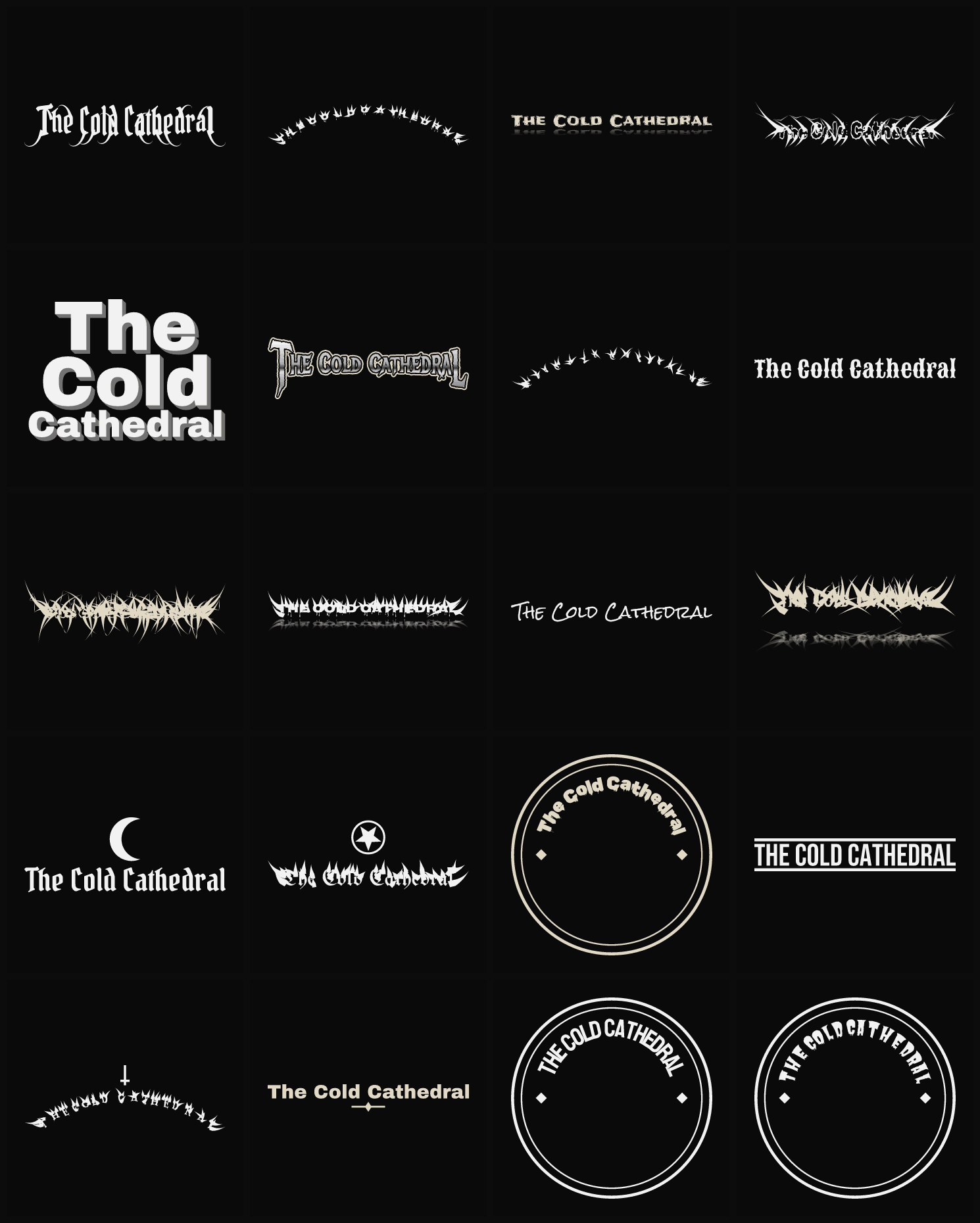 Twenty The Cold Cathedral band logo ideas — different faces, treatments and spike settings