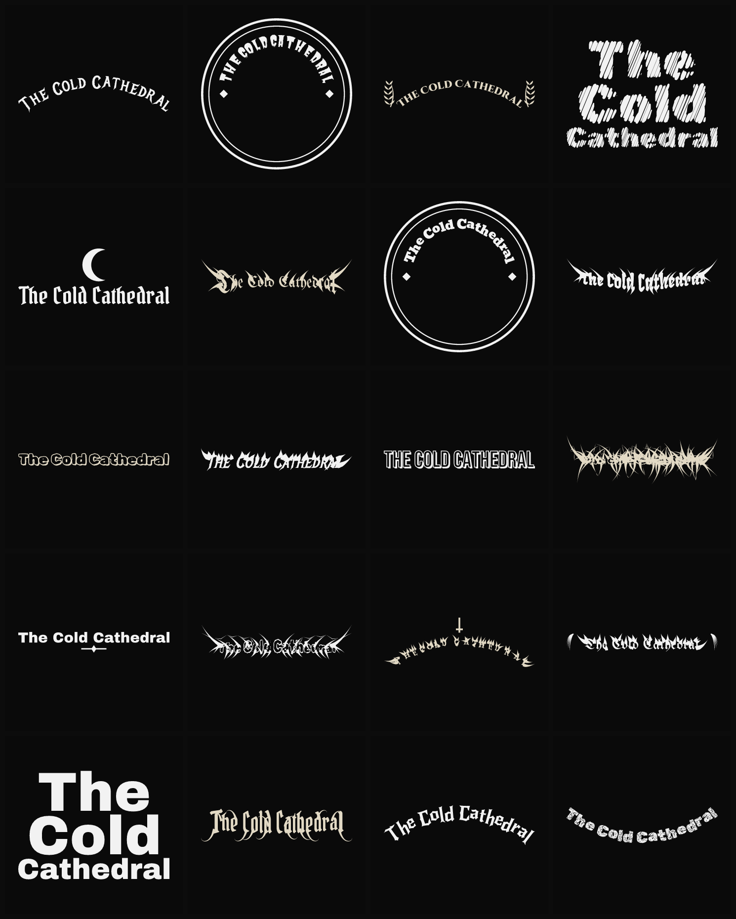 Twenty The Cold Cathedral band logo ideas — different faces, treatments and spike settings