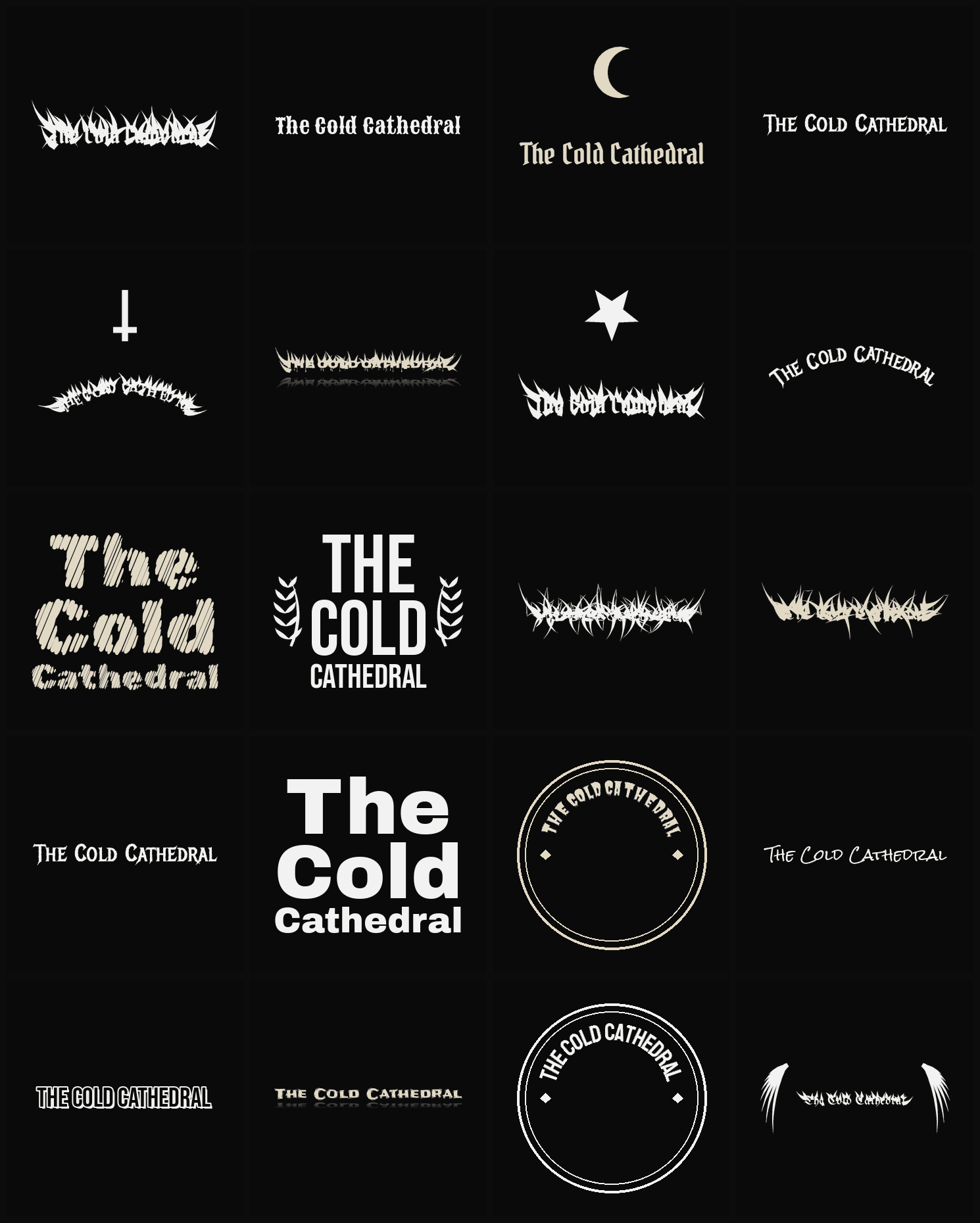Twenty The Cold Cathedral band logo ideas — different faces, treatments and spike settings