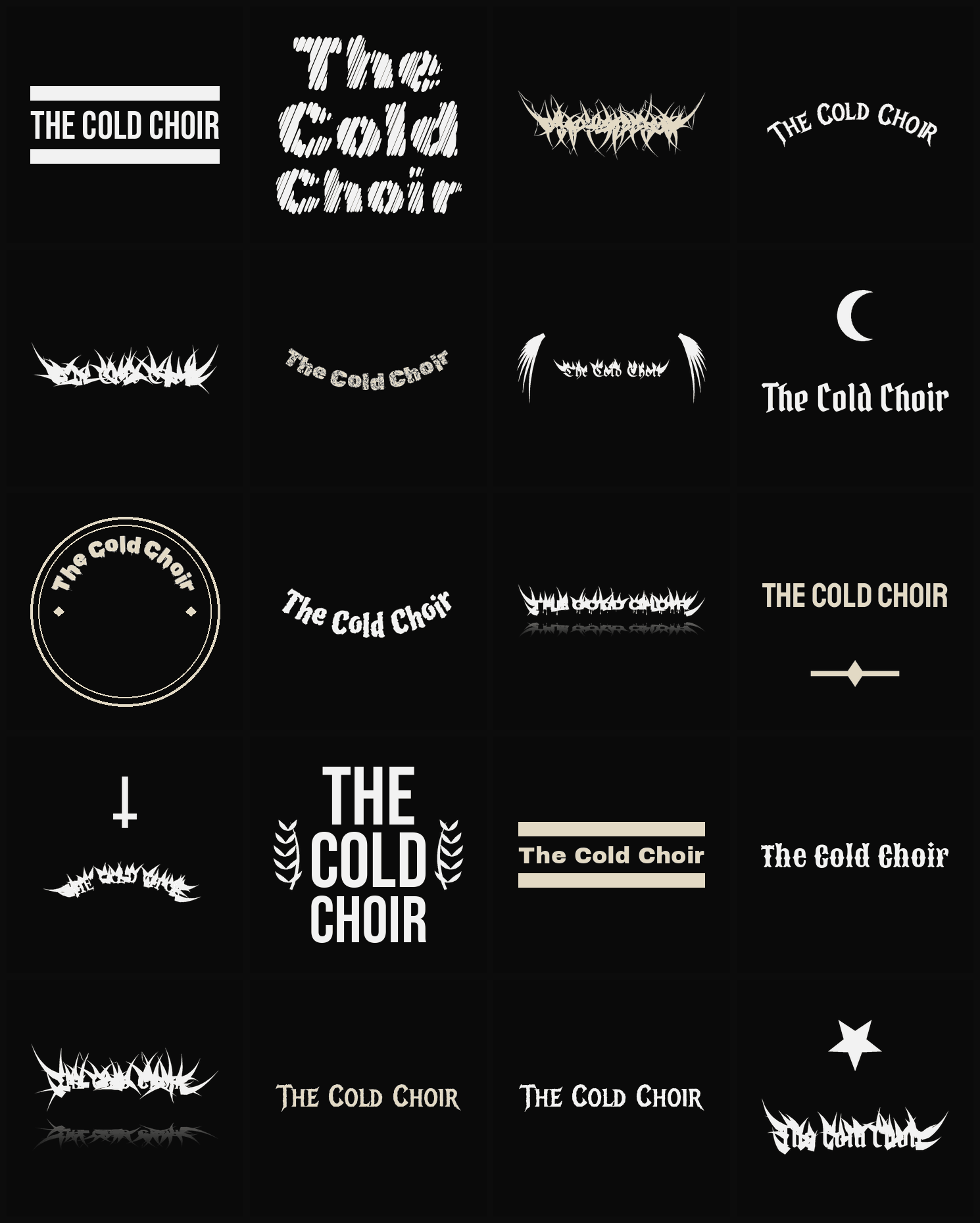 Twenty The Cold Choir band logo ideas — different faces, treatments and spike settings
