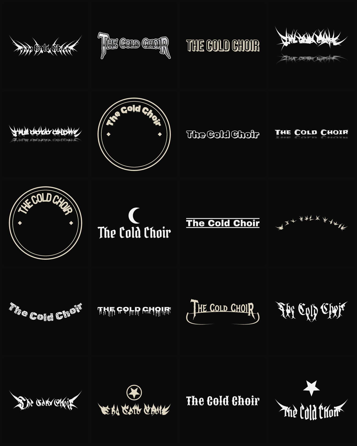 Twenty The Cold Choir band logo ideas — different faces, treatments and spike settings