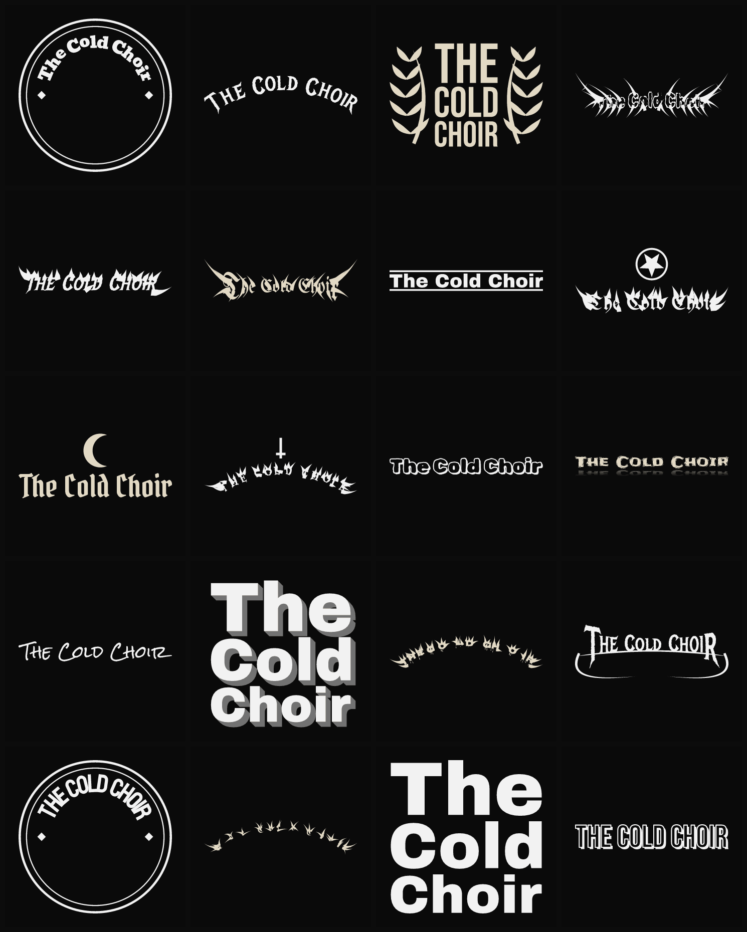 Twenty The Cold Choir band logo ideas — different faces, treatments and spike settings