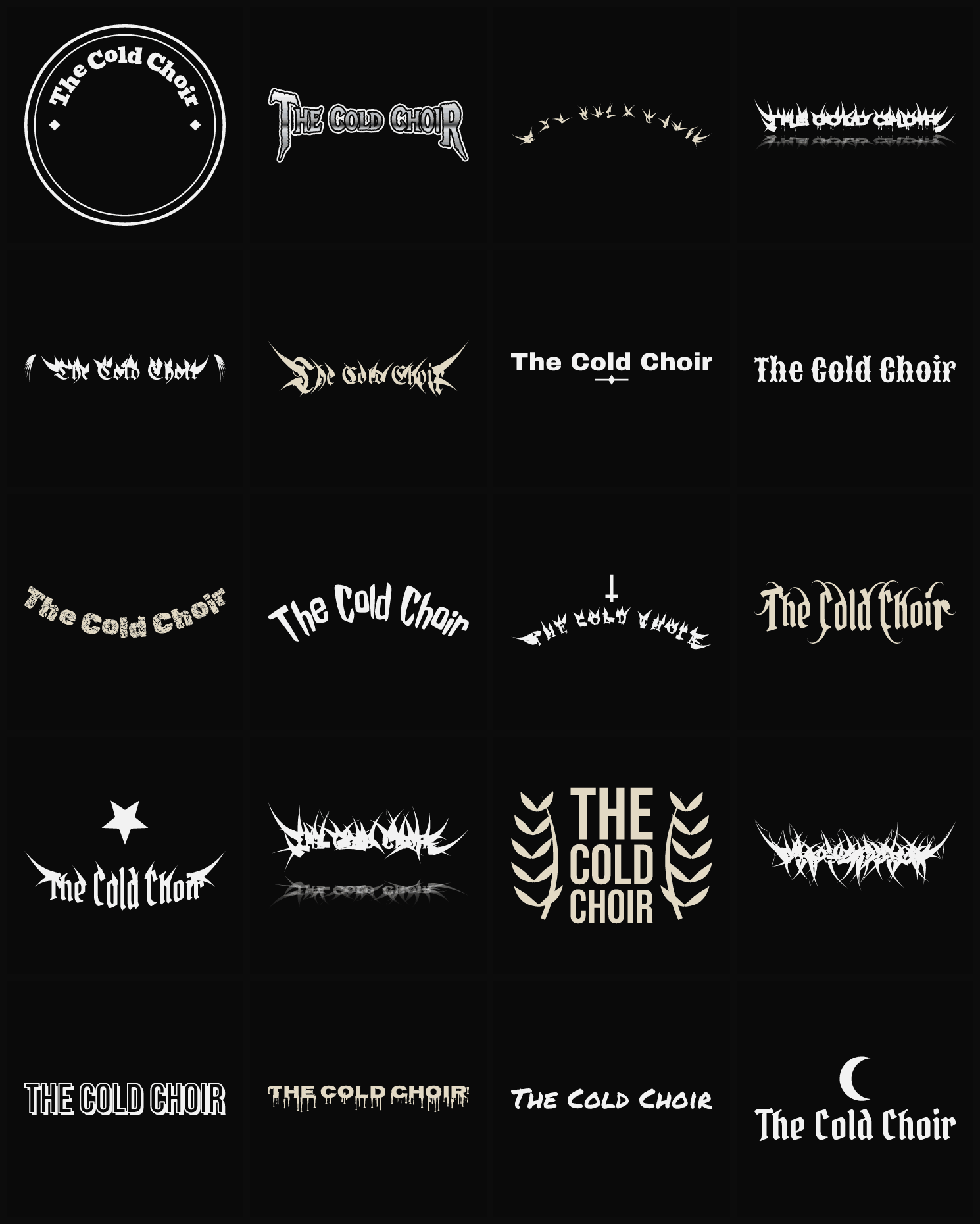 Twenty The Cold Choir band logo ideas — different faces, treatments and spike settings