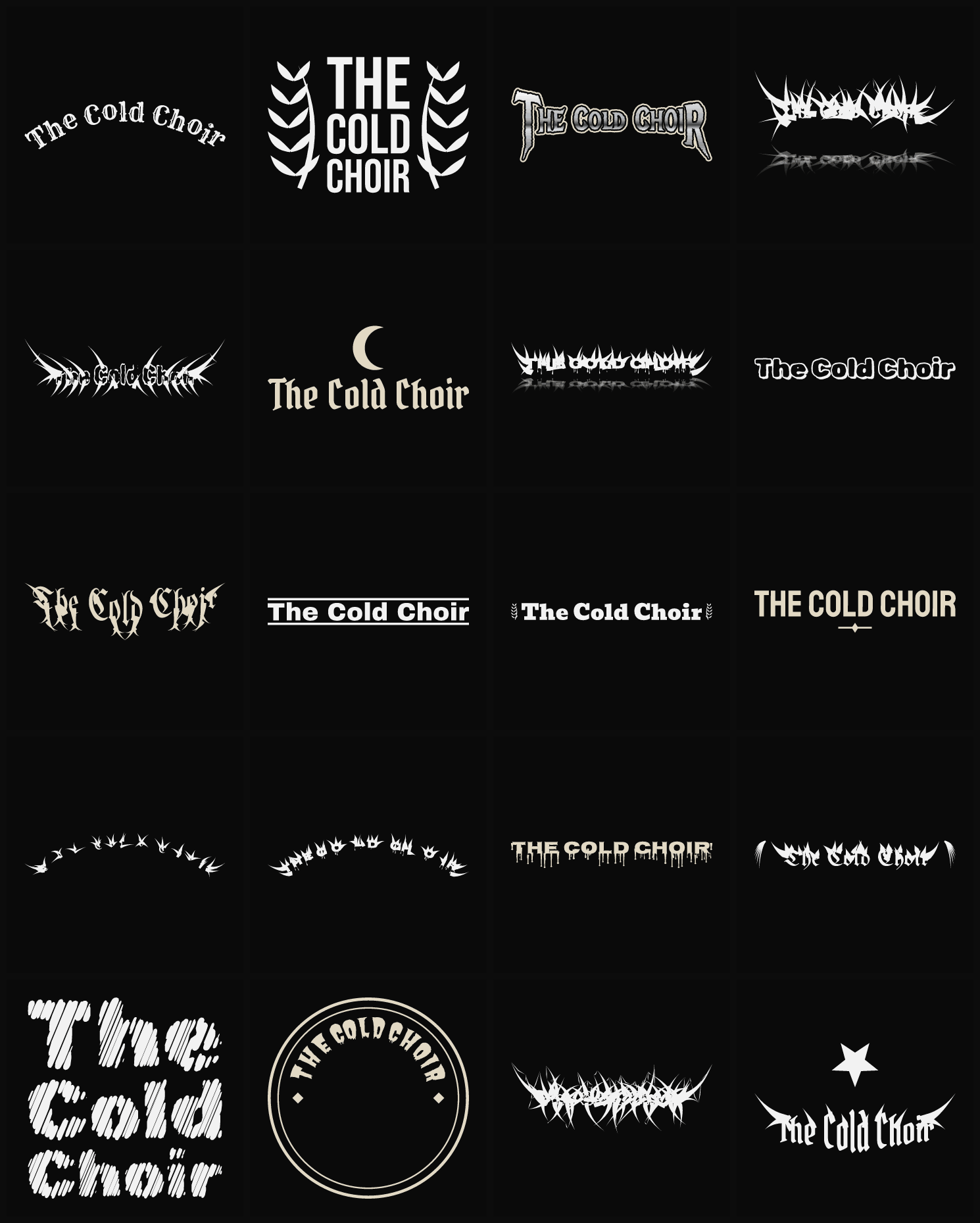 Twenty The Cold Choir band logo ideas — different faces, treatments and spike settings
