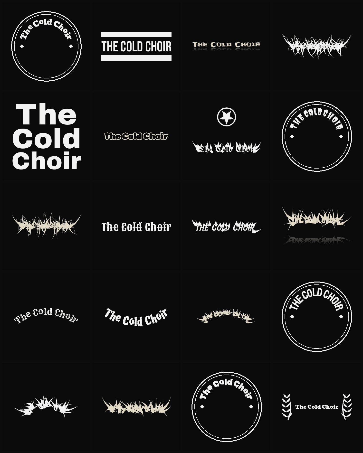 Twenty The Cold Choir band logo ideas — different faces, treatments and spike settings